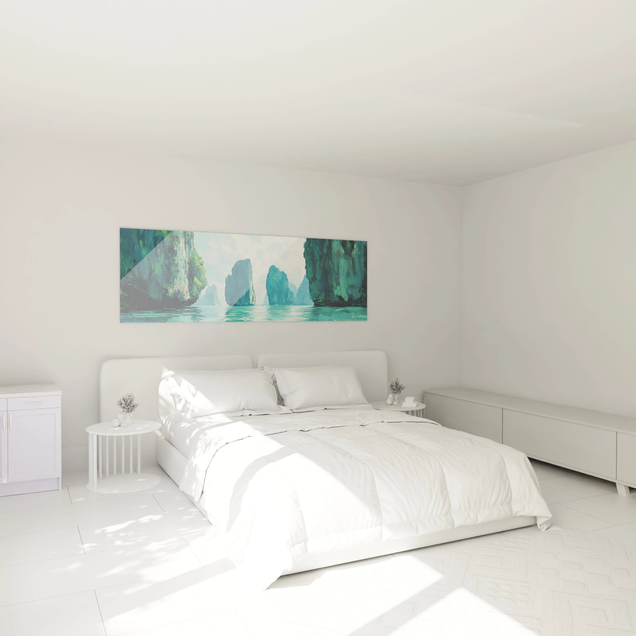 Un tableau paysage côtier montrant d'imposantes falaises verticales qui s'élèvent au-dessus d'une mer claire et tranquille, dans des tons dominants de bleu, vert et blanc, avec des textures rugueuses sur les parois rocheuses.