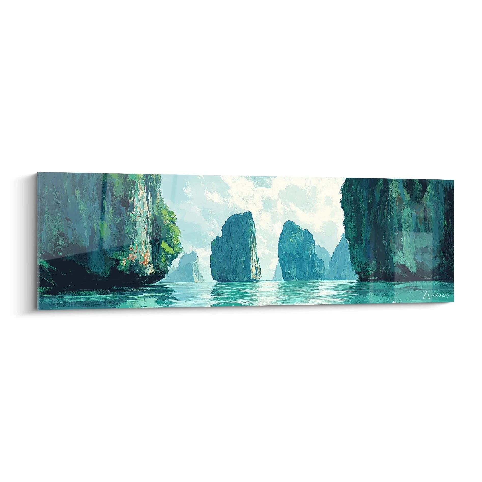 Un tableau paysage marin représentant des formations rocheuses karstiques bleu-vert émergeant d'une eau turquoise calme, avec un ciel clair et nuageux, créant une atmosphère sereine aux textures variées et aux coups de pinceau expressifs.