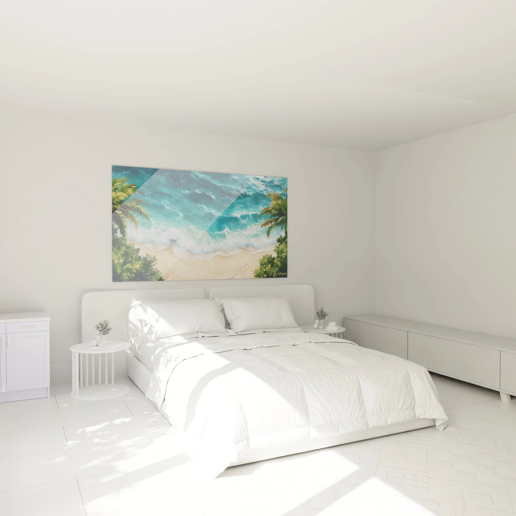 Tableau plage paradisiaque montrant une vue aérienne d'eaux cristallines bleu turquoise rencontrant un rivage sablonneux bordé de palmiers tropicaux aux feuilles vertes vibrantes.