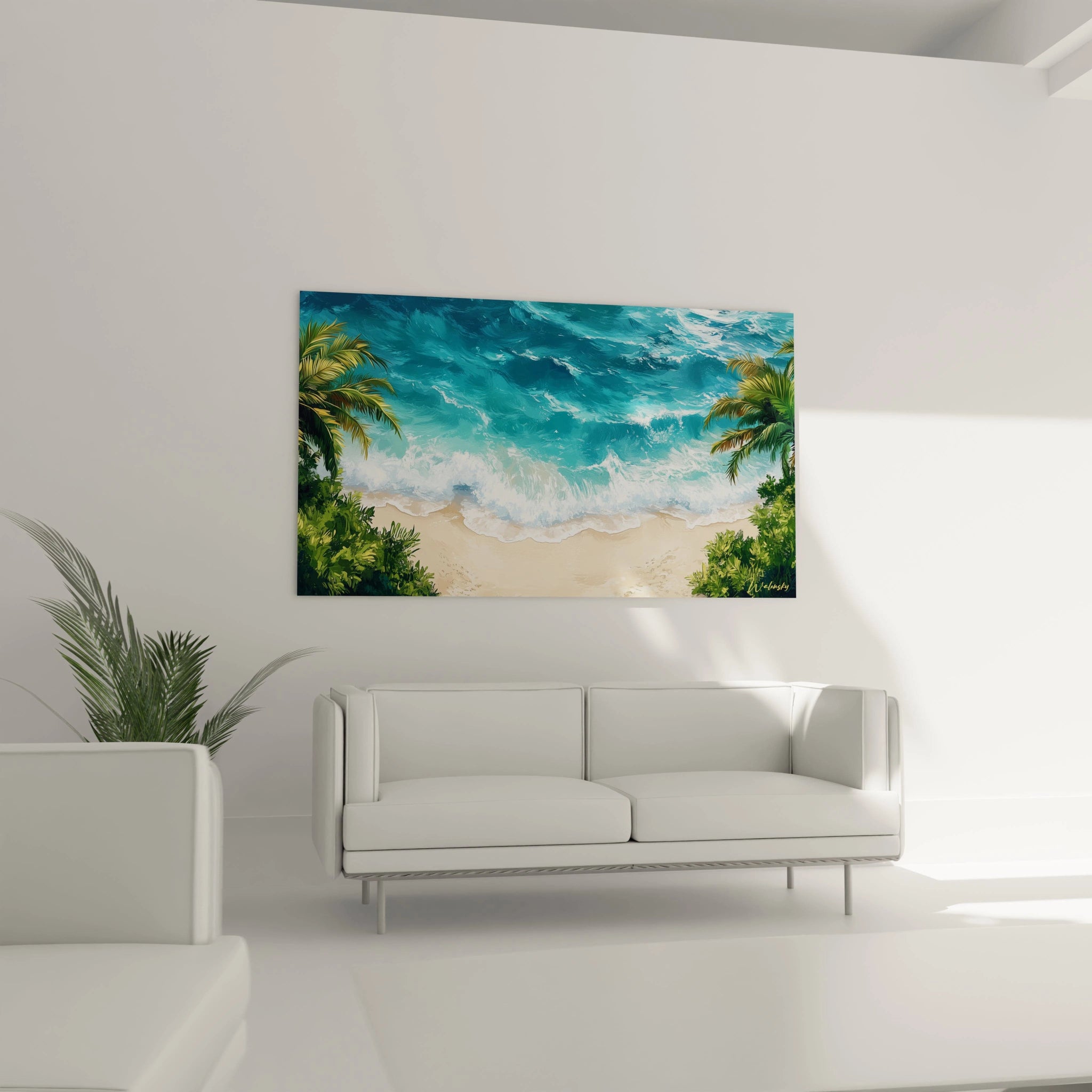 Tableau plage exotique représentant des vagues mouvantes aux nuances turquoise éclatantes, écume blanche brillante, plage dorée et végétation tropicale dense créant un cadre naturel.