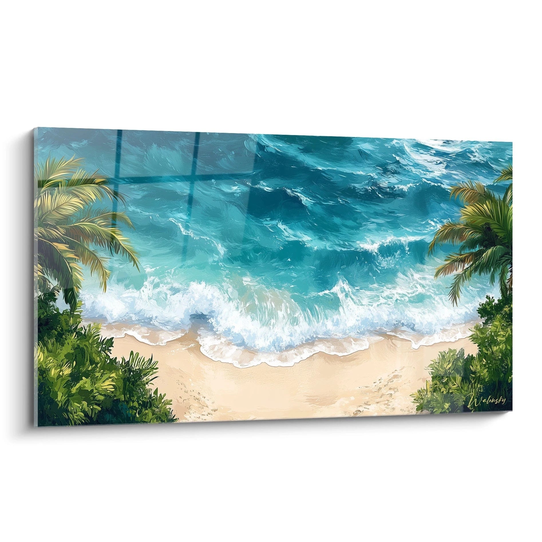 Tableau plage tropicale avec océan turquoise, vagues écumantes blanches, sable beige doré et palmiers verts luxuriants encadrant la scène avec texture fluide et détaillée.