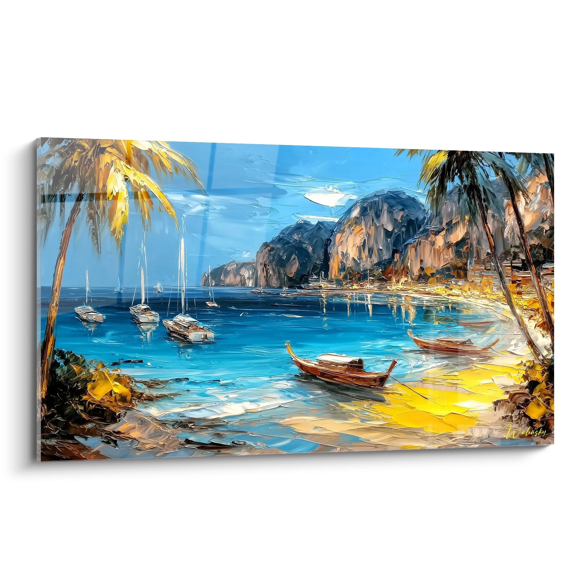 Tableau mural baie tropicale avec voiliers blancs palmiers dorés et falaises méditerranéennes peinture à l'huile