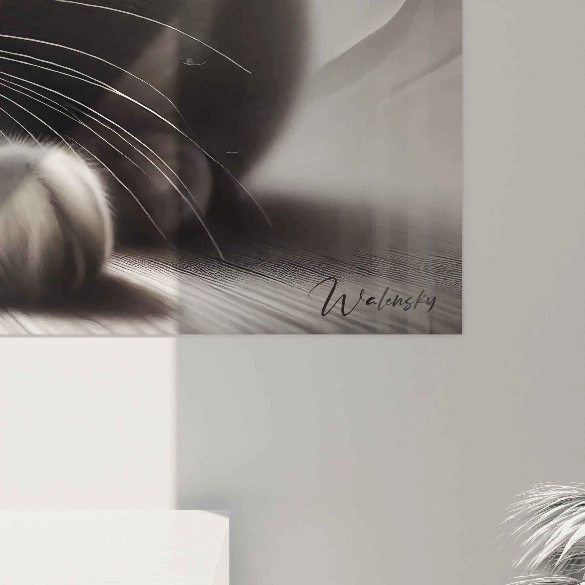 Découvrez les détails captivants du tableau chat et papillon rouge. Le contraste saisissant entre le fond abstrait noir et blanc et l'éclat vif du papillon met en valeur cette œuvre unique et apaisante.