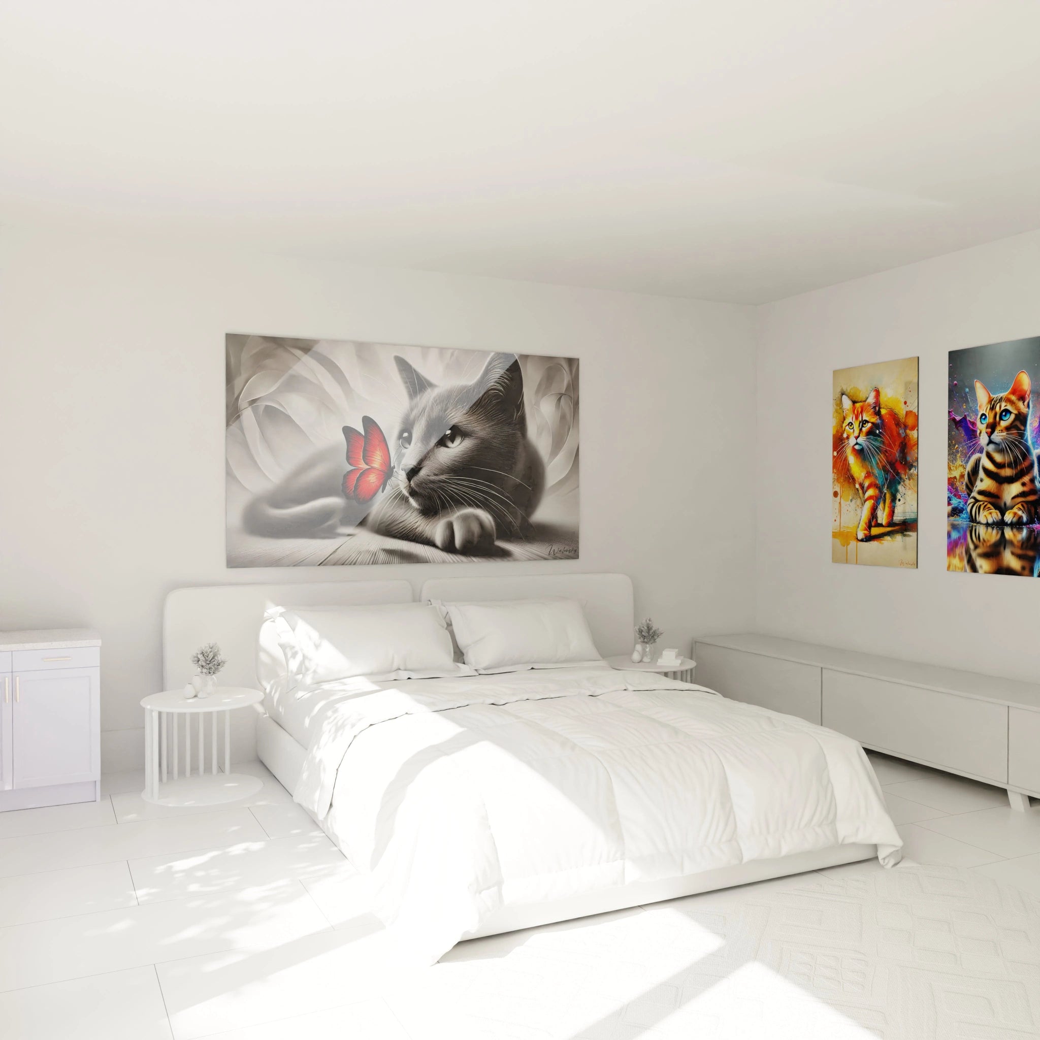 Apportez une ambiance poétique à votre chambre avec ce tableau chat accroché au-dessus du lit. L'élégance du fond monochrome et l'éclat du papillon rouge créent une décoration apaisante et moderne.