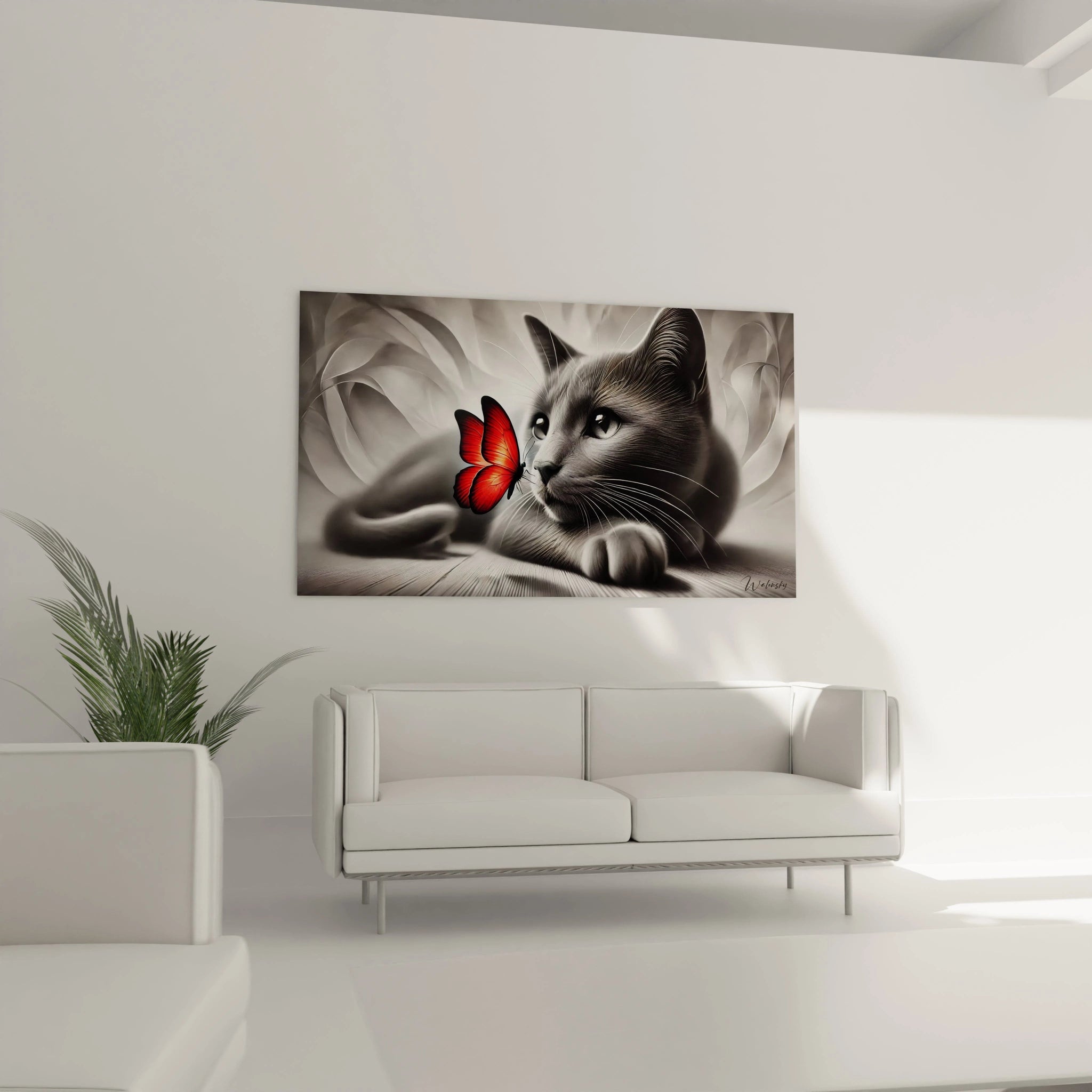 Le tableau chat et papillon rouge se fond parfaitement dans ce salon, accroché au-dessus du canapé. Il ajoute une touche artistique et contemporaine, idéale pour un intérieur élégant et serein.