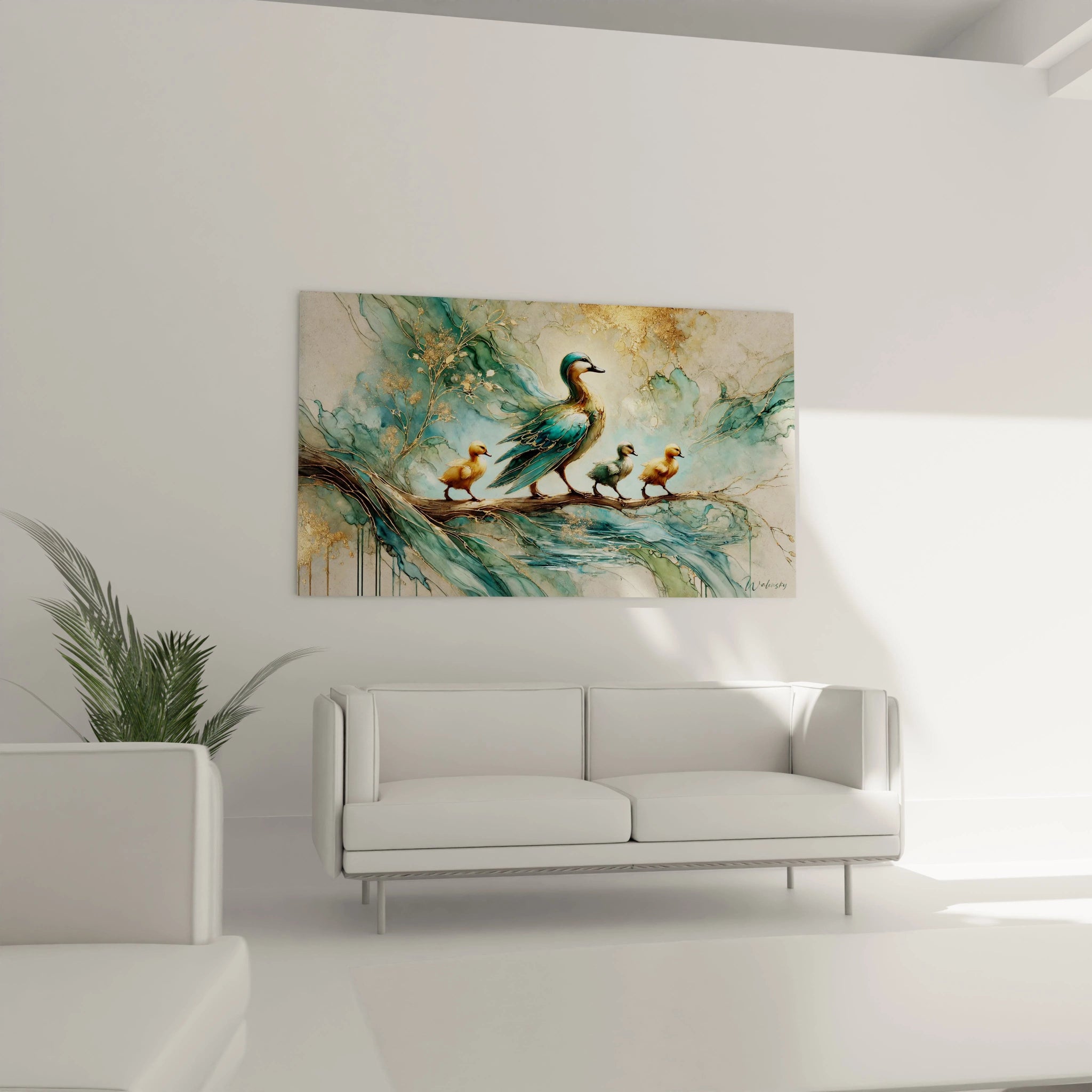 Tableau canard dans un salon au dessus du canape. Ce tableau apporte une douceur naturelle et un charme unique grace aux nuances de bleu et d'or, ajoutant chaleur et elegance a votre interieur