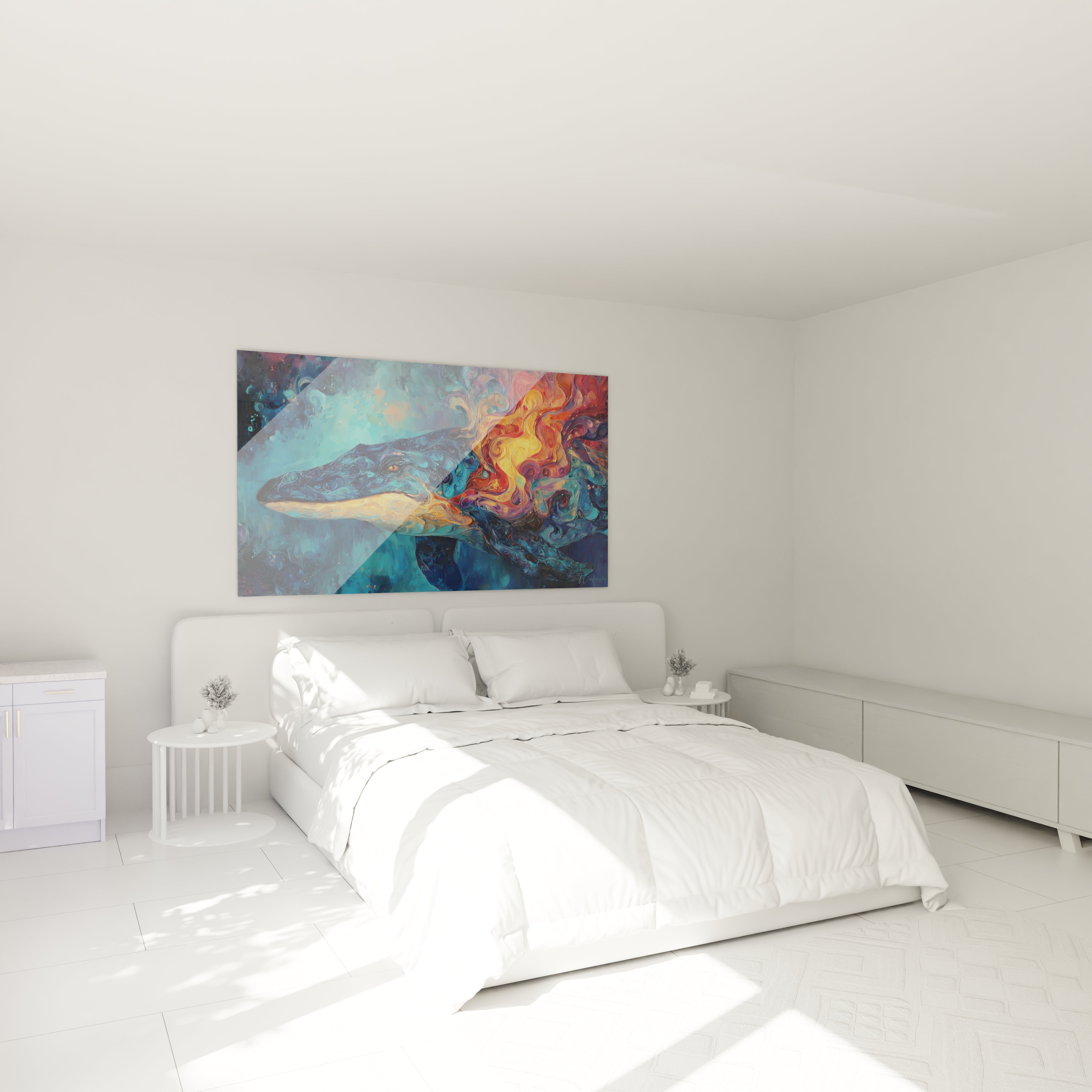 Tableau baleine abstraite dans chambre moderne, décoration murale colorée Basilosaurus