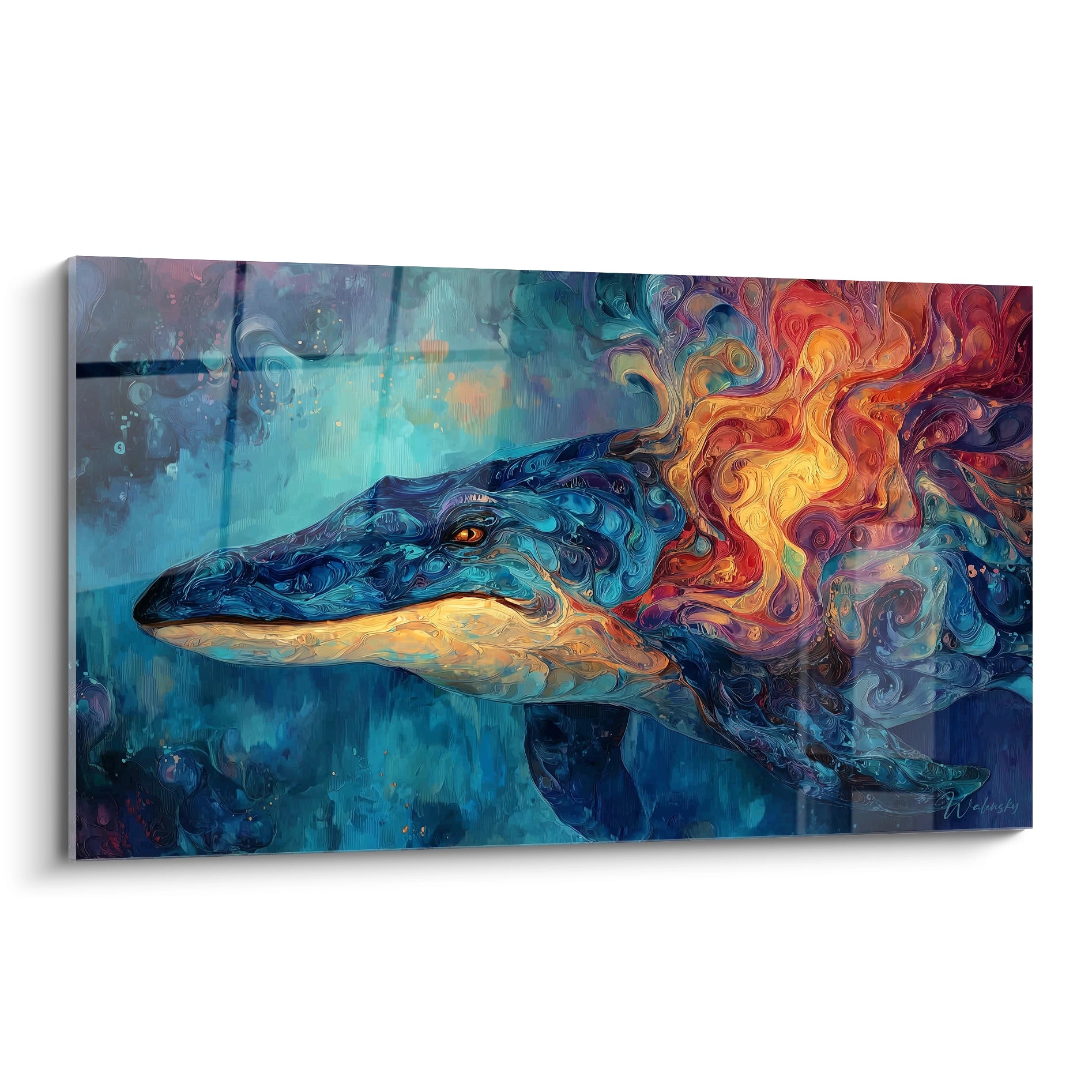 Tableau baleine abstraite colorée avec souffle de feu, art mural moderne Basilosaurus