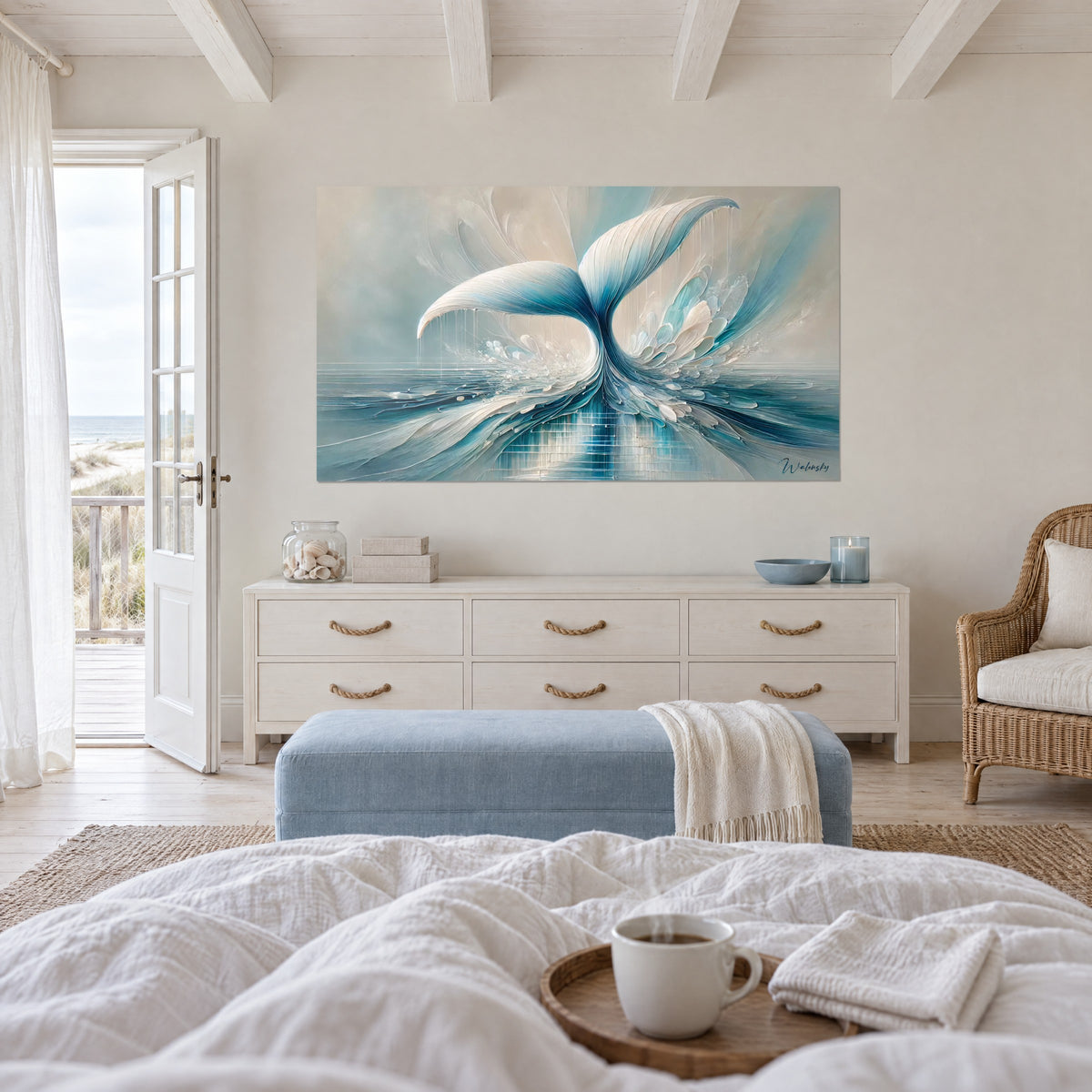 Wall art whale wake in ivory and teal, splashes of pearly petals, above a bed in a bright bedroom
