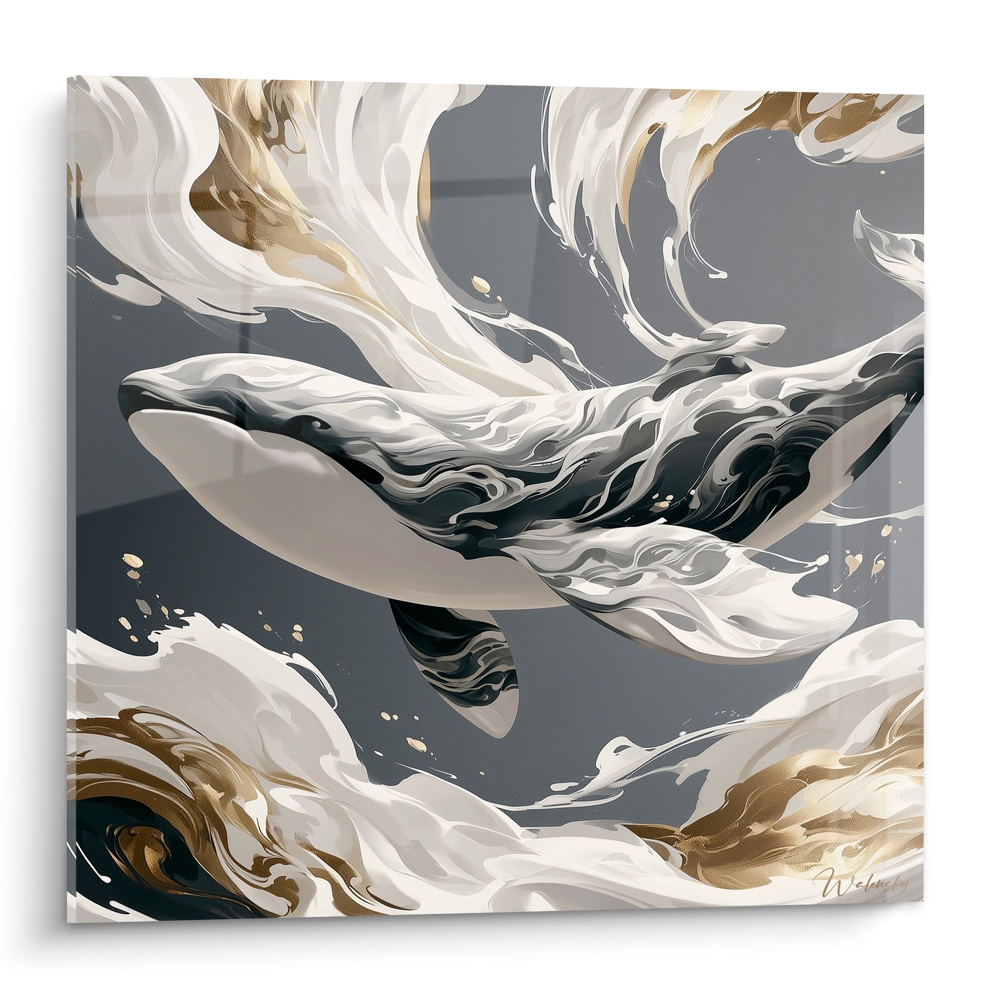 Baleine anthracite et dorée plongeant parmi des vagues marbrées blanches et noires