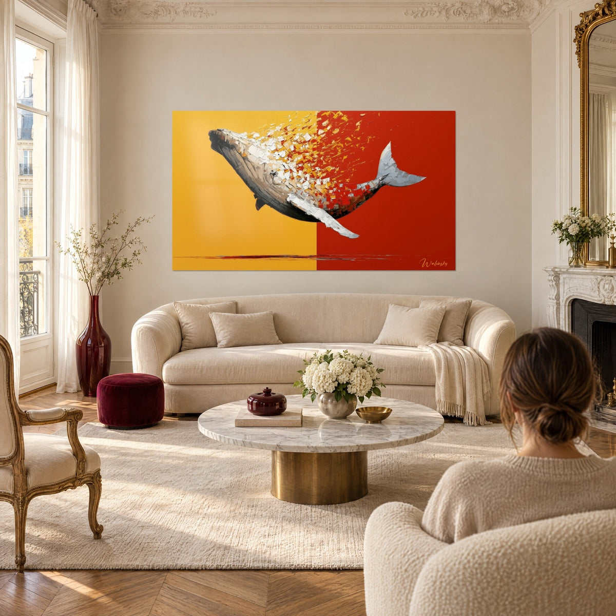 Tableau baleine à bosse en coups de couteau, éclats rouges et jaunes, queue grise, au-dessus d'un canapé dans un salon lumineux