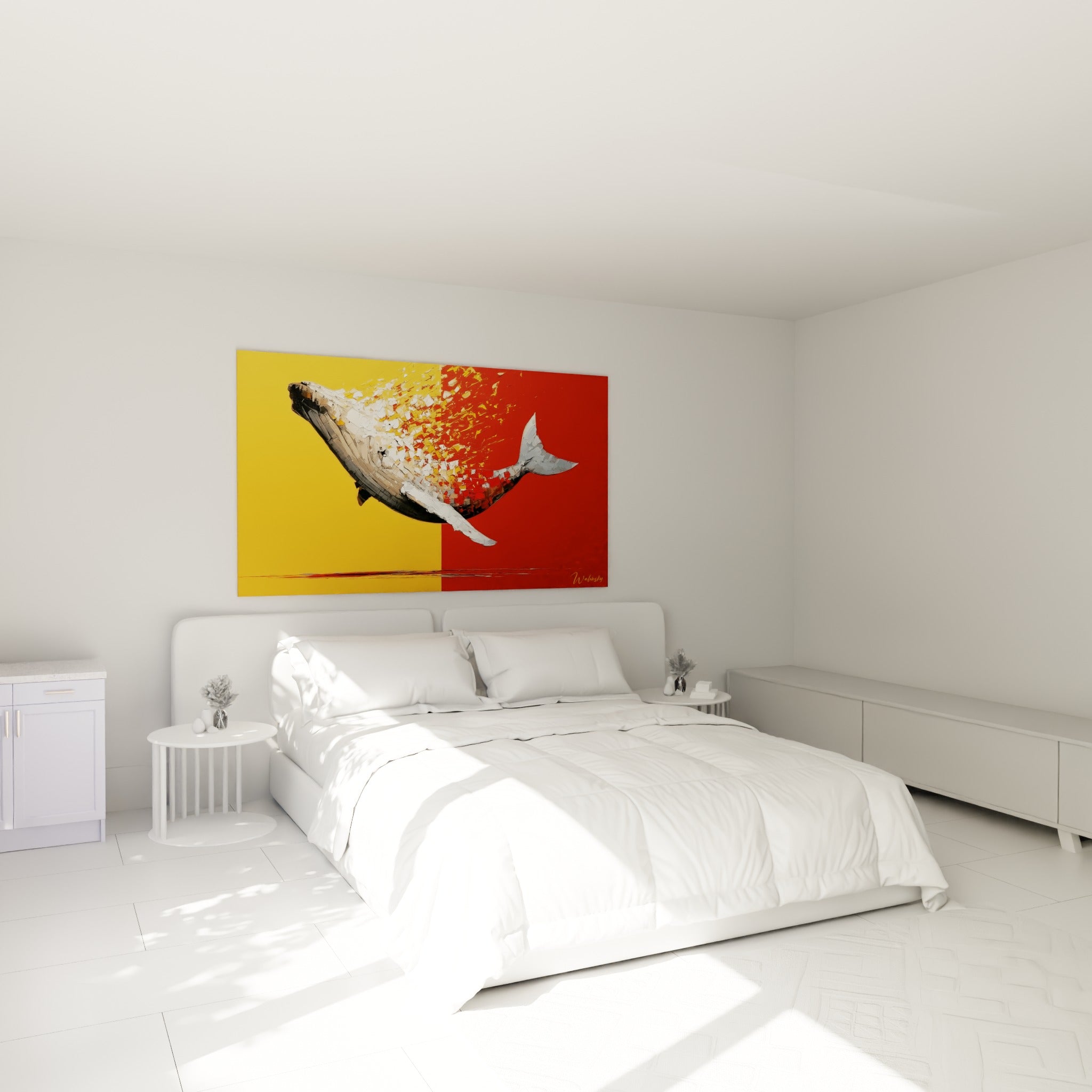 Silhouette de baleine anthracite et rouge terracotta accrochée au-dessus d'un lit dans une chambre claire