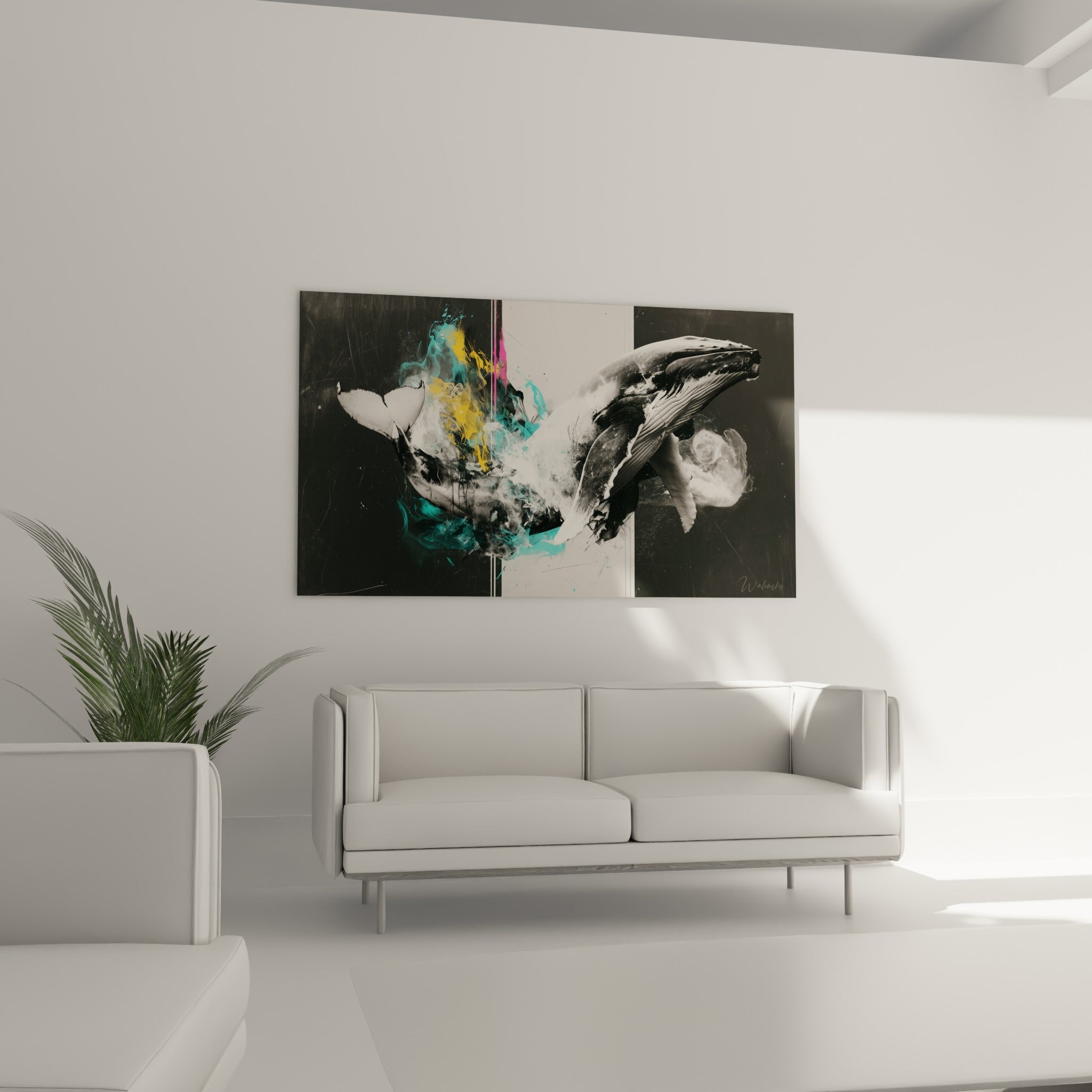 Silhouette animale noir et blanc traversée de coulures jaunes, au-dessus d'un canapé dans un salon lumineux