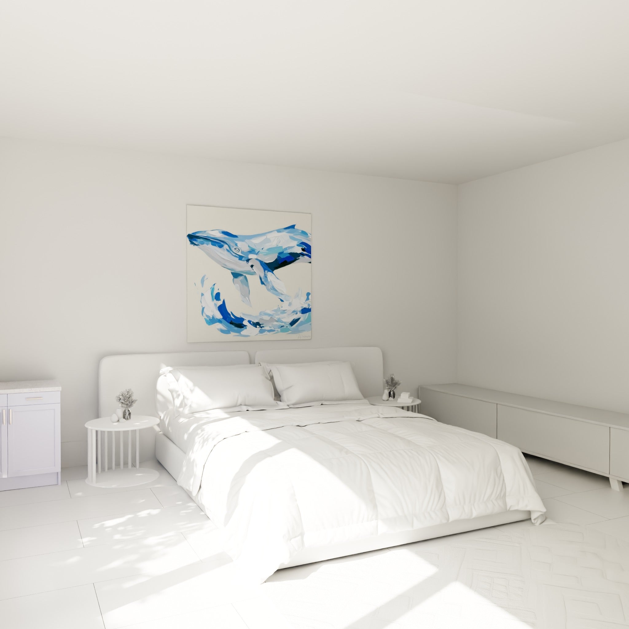 Baleine anthracite et bleu marine en plein saut, au-dessus d'un lit dans une chambre claire
