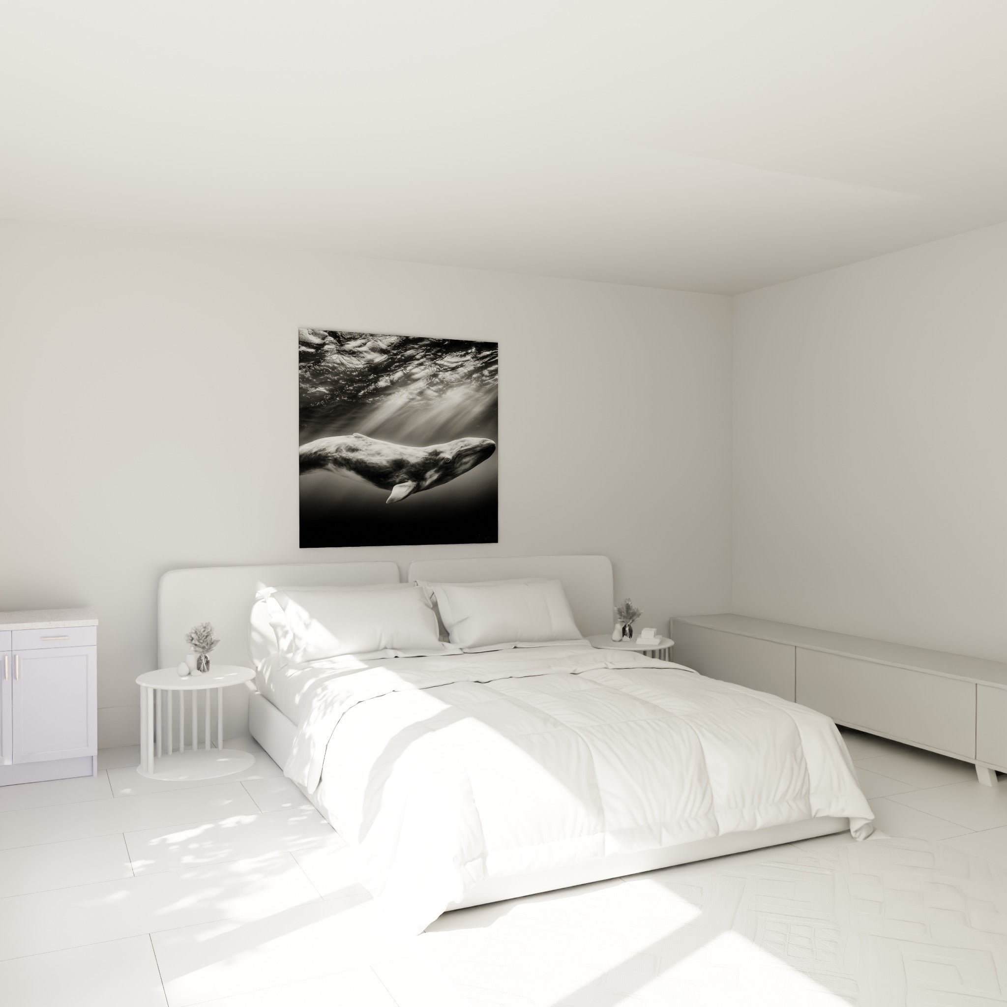 Cétacé aux tons anthracite et blanc traversant l'eau, accroché au-dessus d'un lit dans une chambre claire