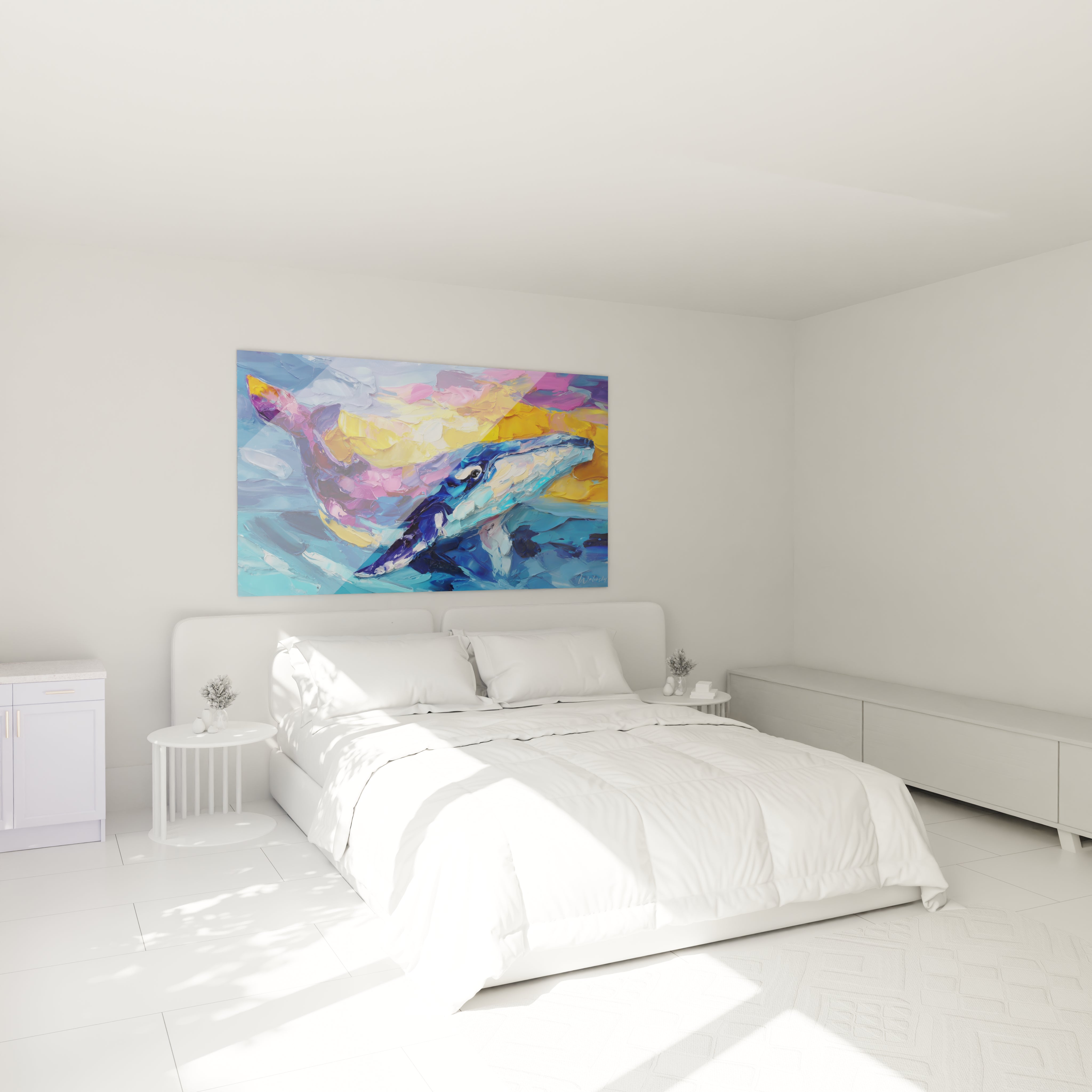 Tableau baleine artistique dans chambre moderne, décoration murale océanique aux couleurs vives
