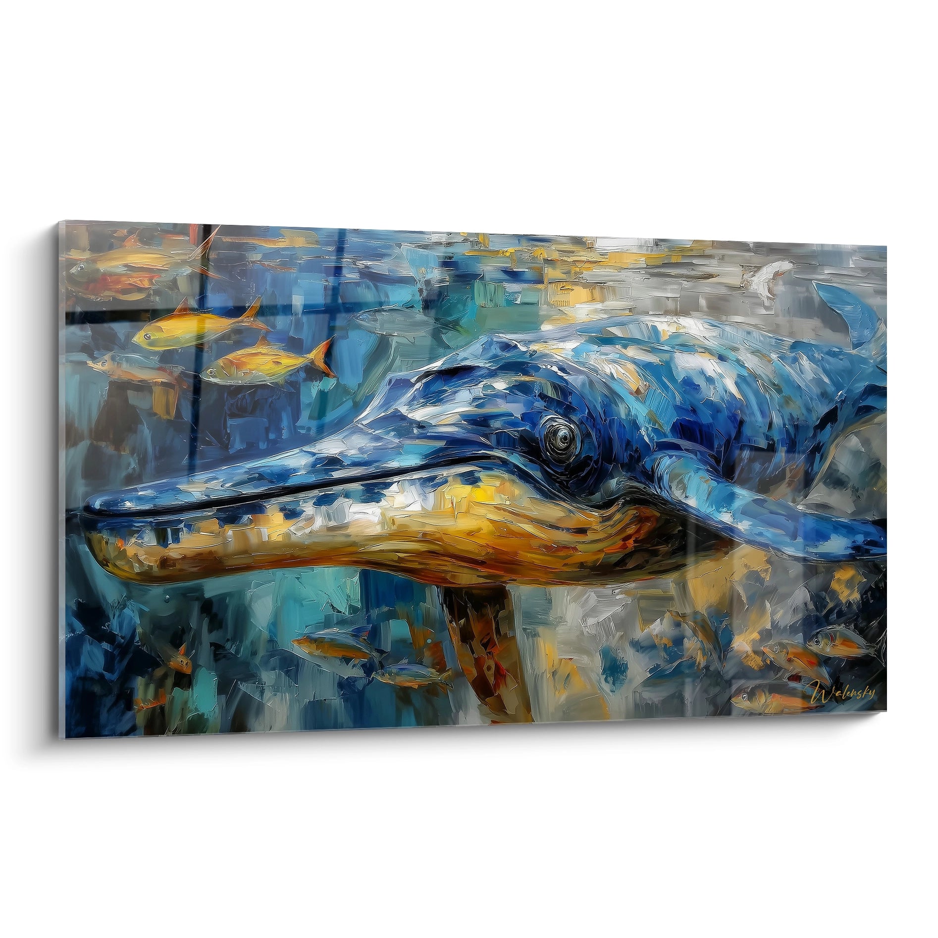 Tableau mural baleine basilosaurus bleu avec poissons dorés, art océanique moderne décoratif