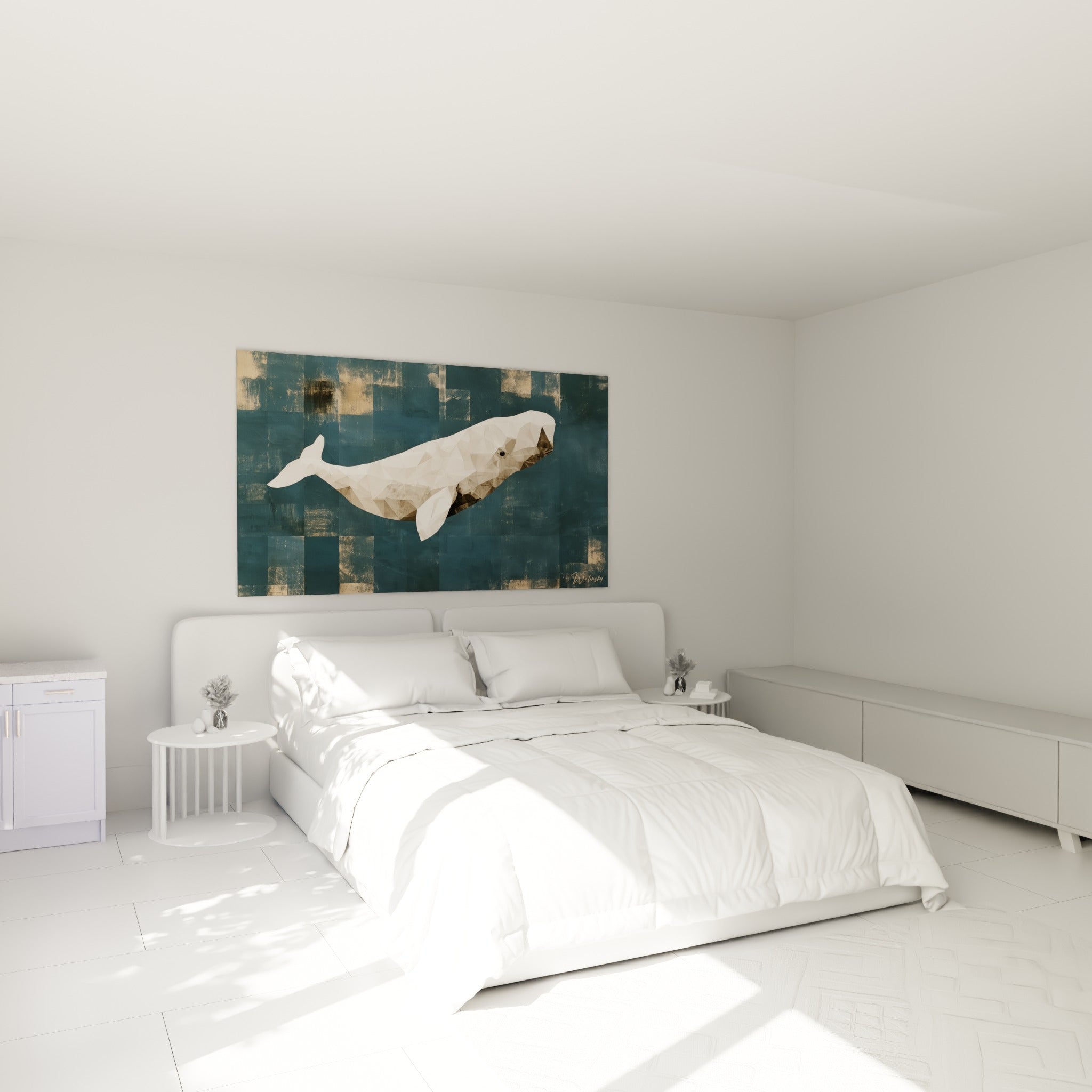 Silhouette marine géométrique beige et anthracite au-dessus d'un lit dans une chambre claire