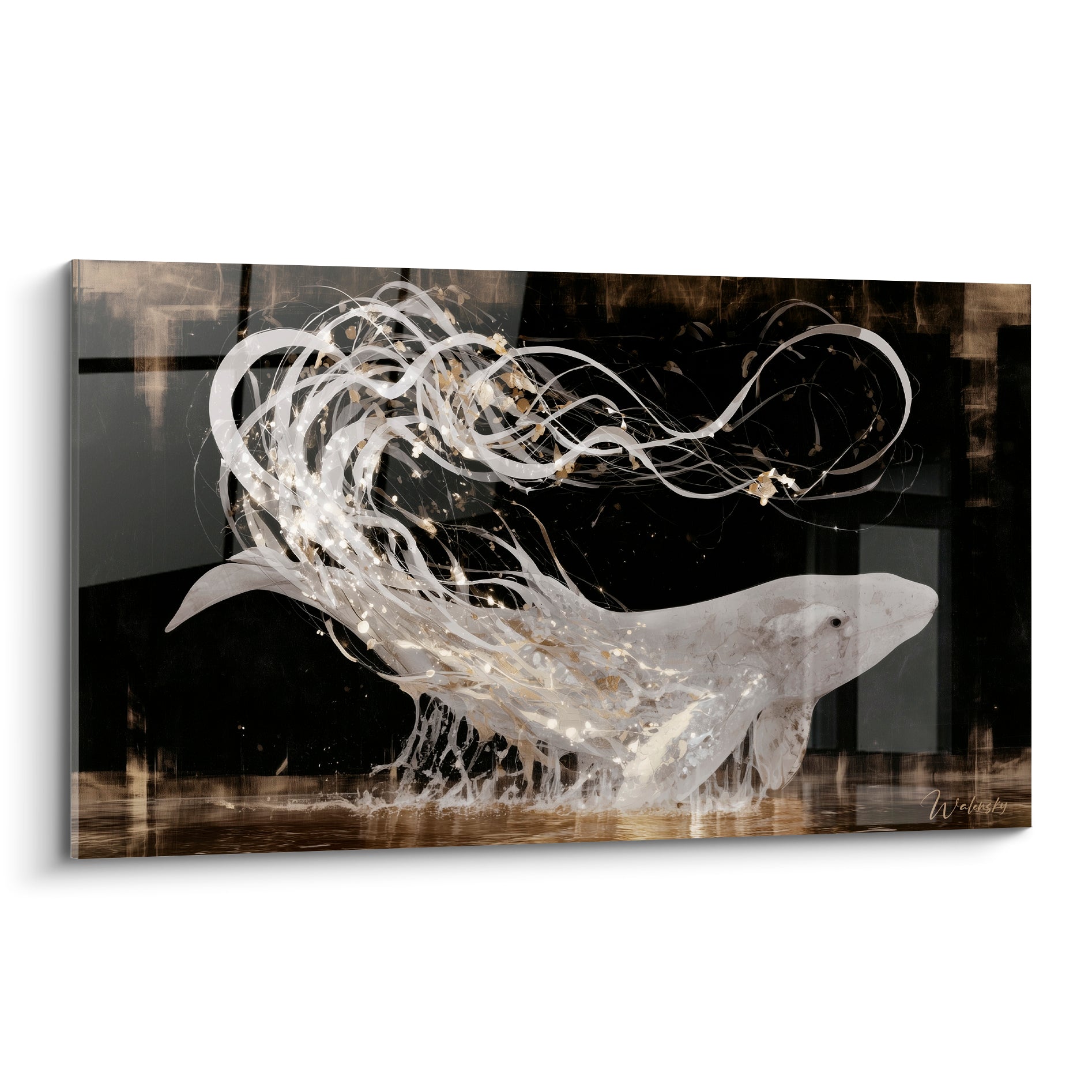 Baleine blanche jaillissant parmi des filaments dorés sur fond anthracite texturé abstrait