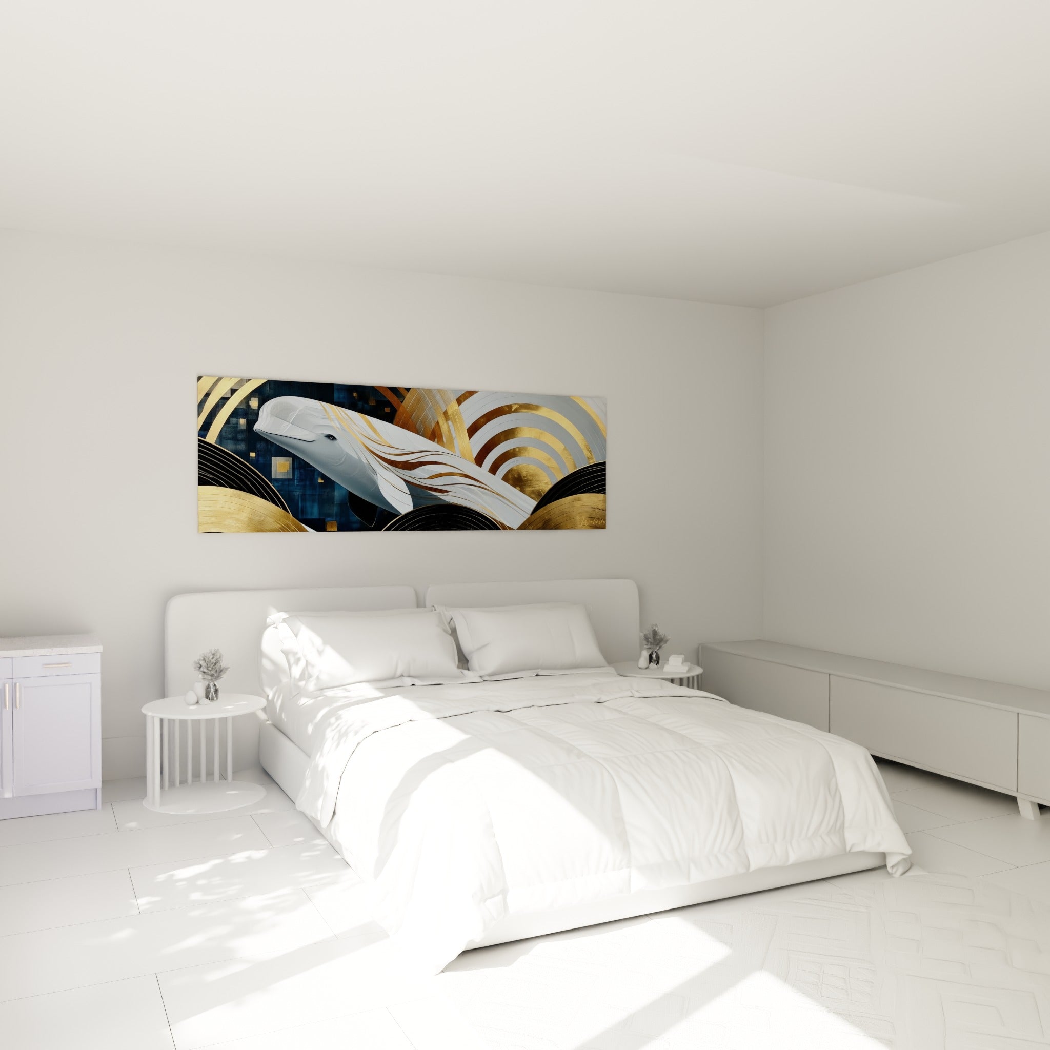 Silhouette de baleine dorée et blanche, arcs anthracite, au-dessus d'un lit dans une chambre claire