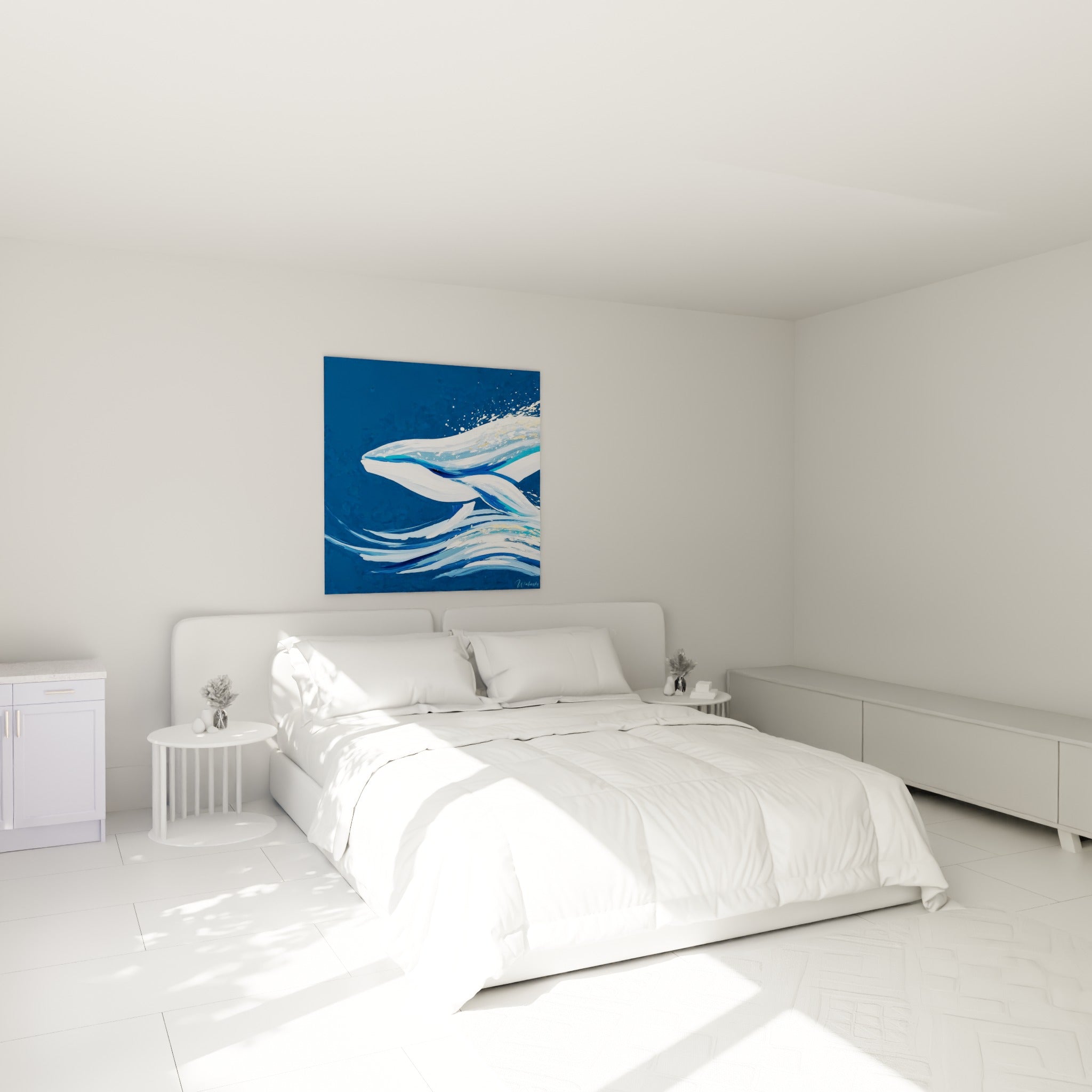 Baleine blanche et dorée en plein saut au-dessus d'un lit dans une chambre claire