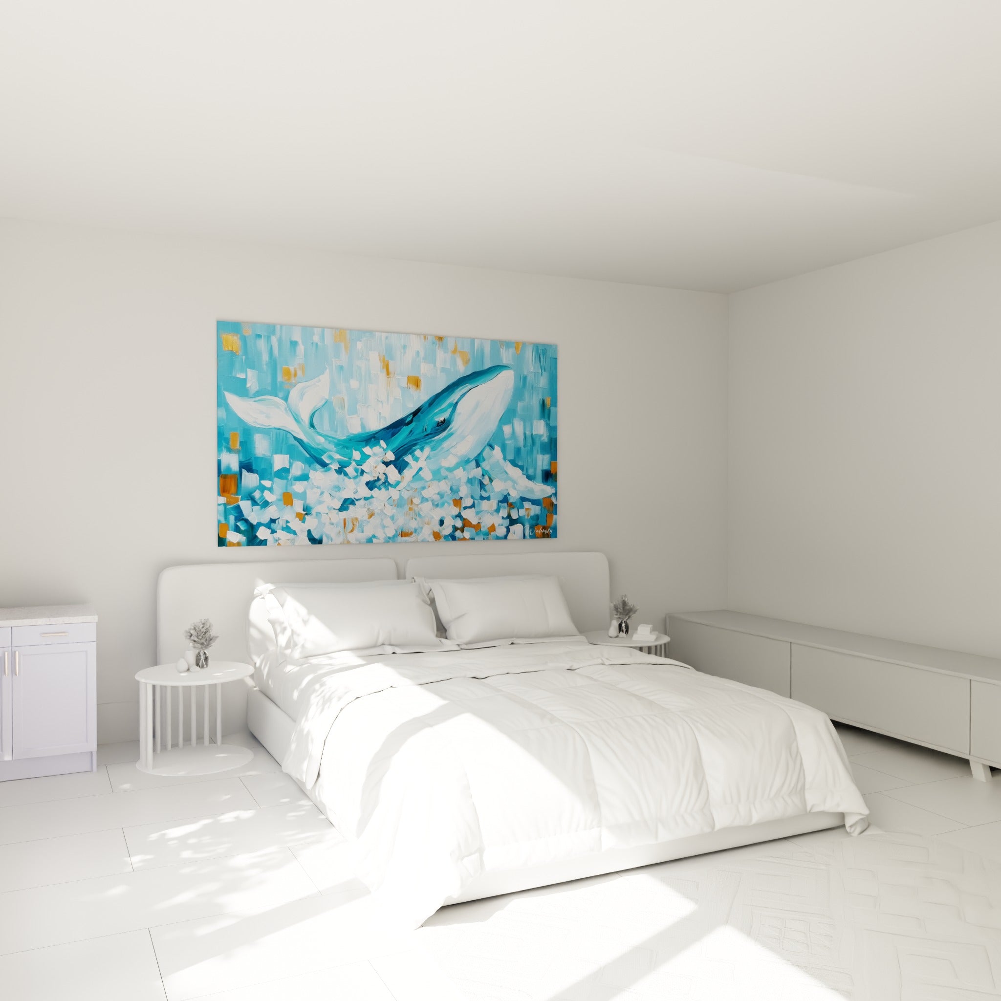 Cétacé bleu profond et écume blanche accroché au-dessus d'un lit dans une chambre claire