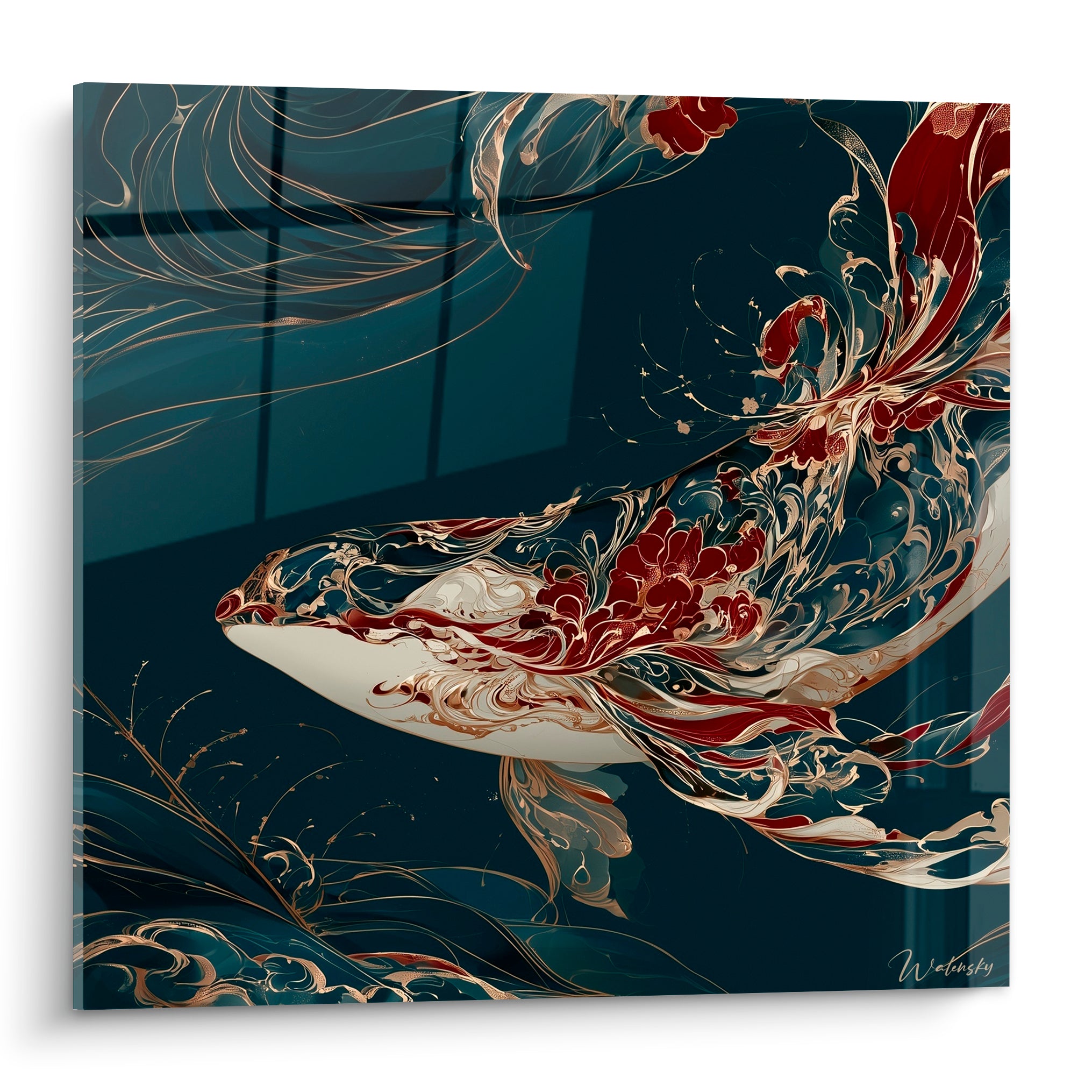 Baleine ornée de fleurs rouges et volutes dorées glissant sur fond bleu marine profond