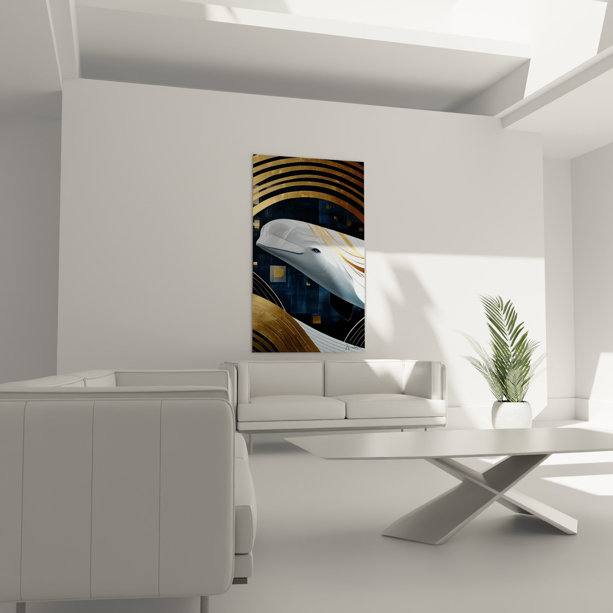 Silhouette marine blanche cerclée d'or et de bleu nuit, au-dessus d'un canapé dans un salon lumineux