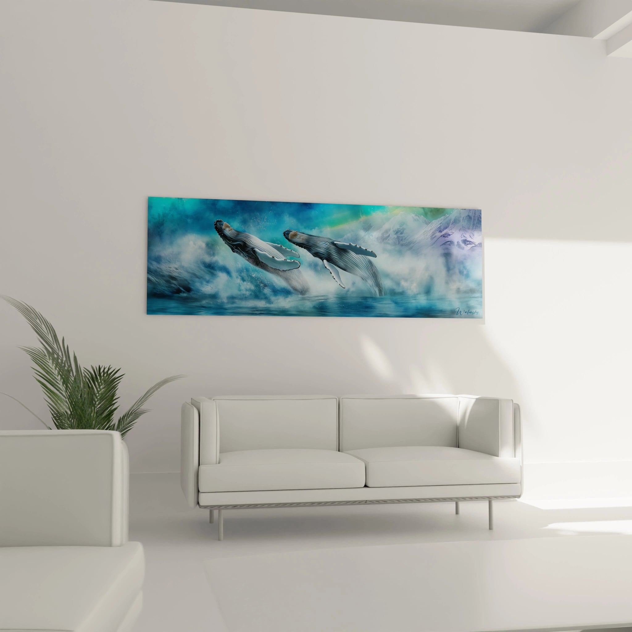 Tableau baleine Walensky sur fond marin avec deux baleines nageant dans des vagues