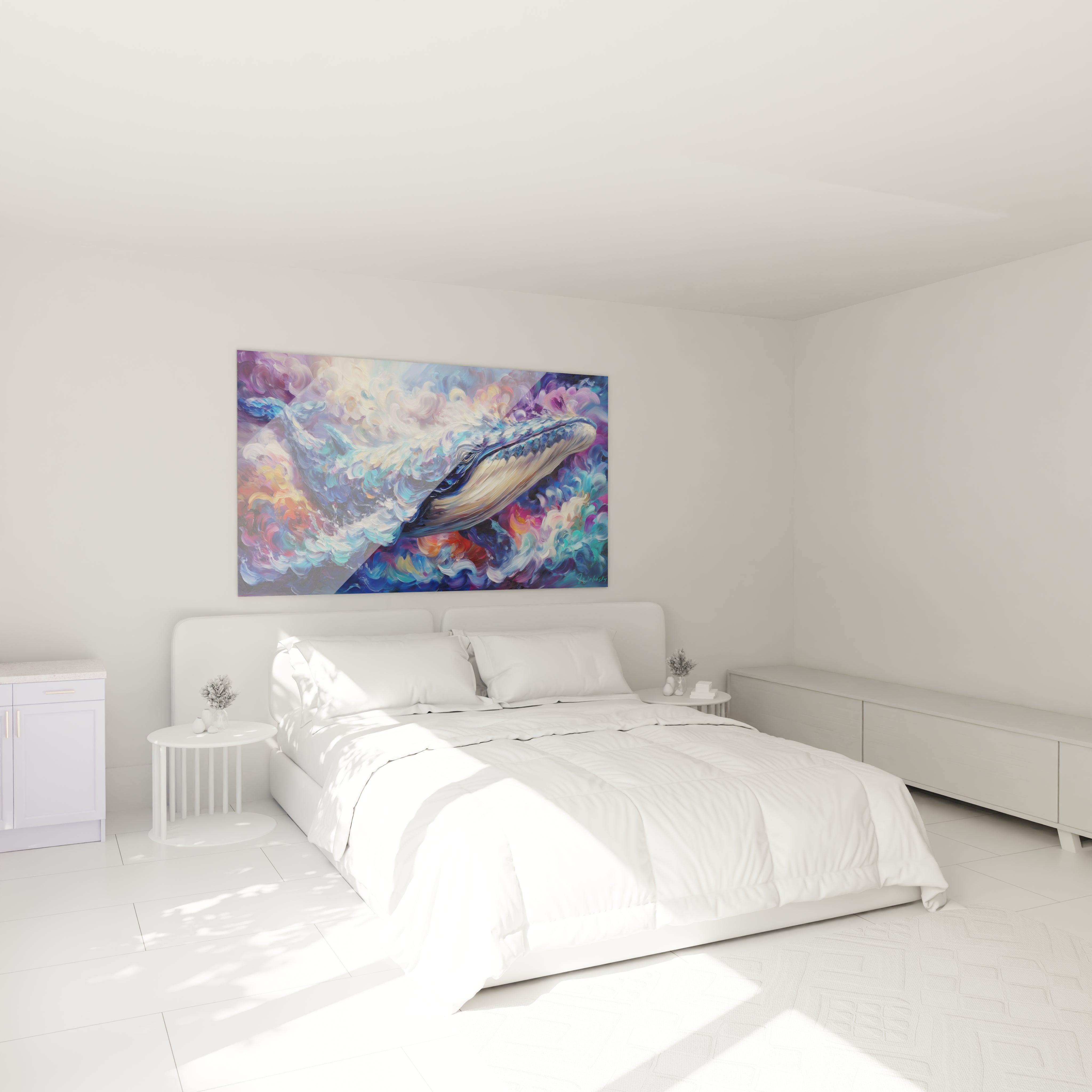 Tableau baleine colorée dans décor chambre moderne - art mural expressionniste décoratif