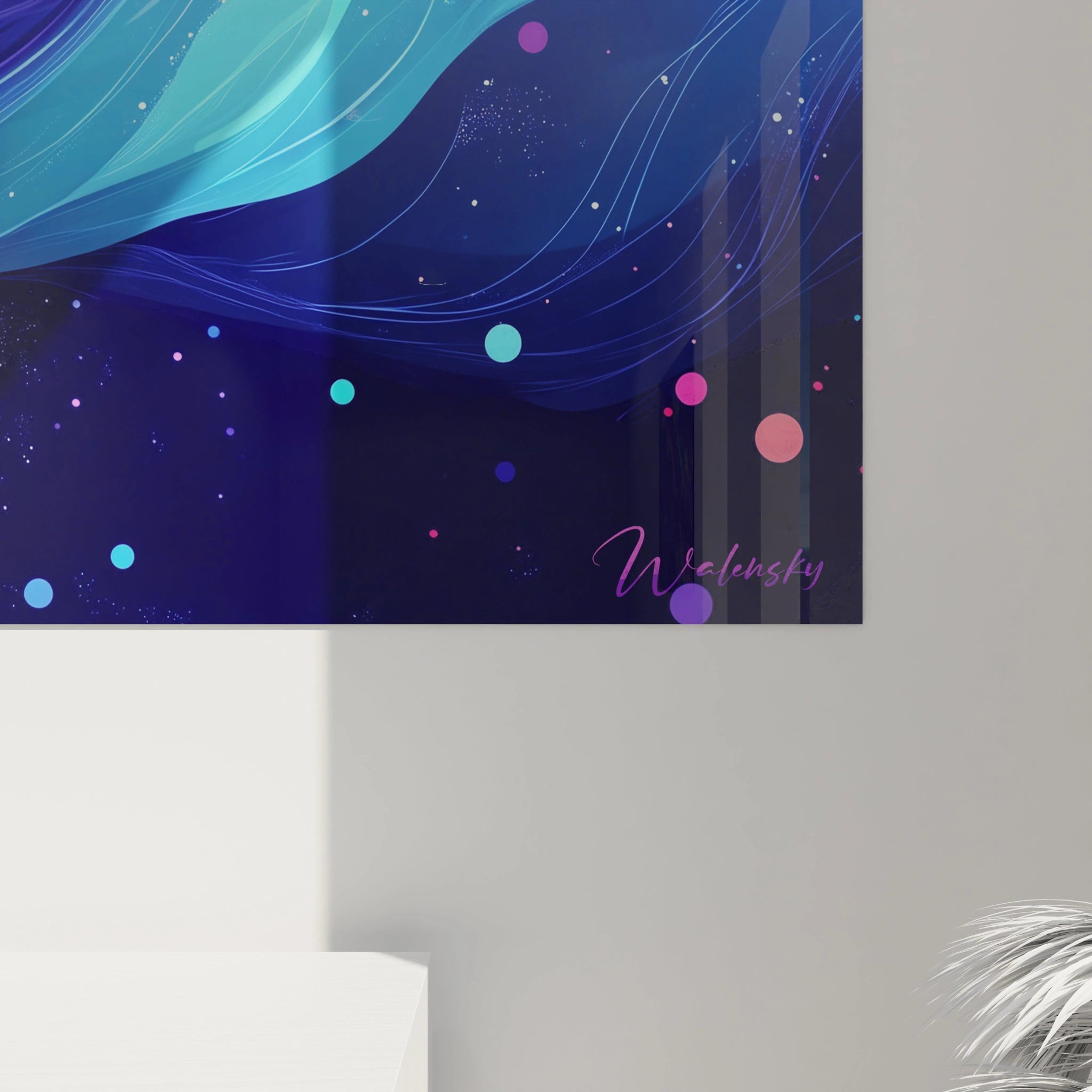 Tableau baleine moderne de Walensky avec des couleurs vibrantes sur fond bleu étoilé