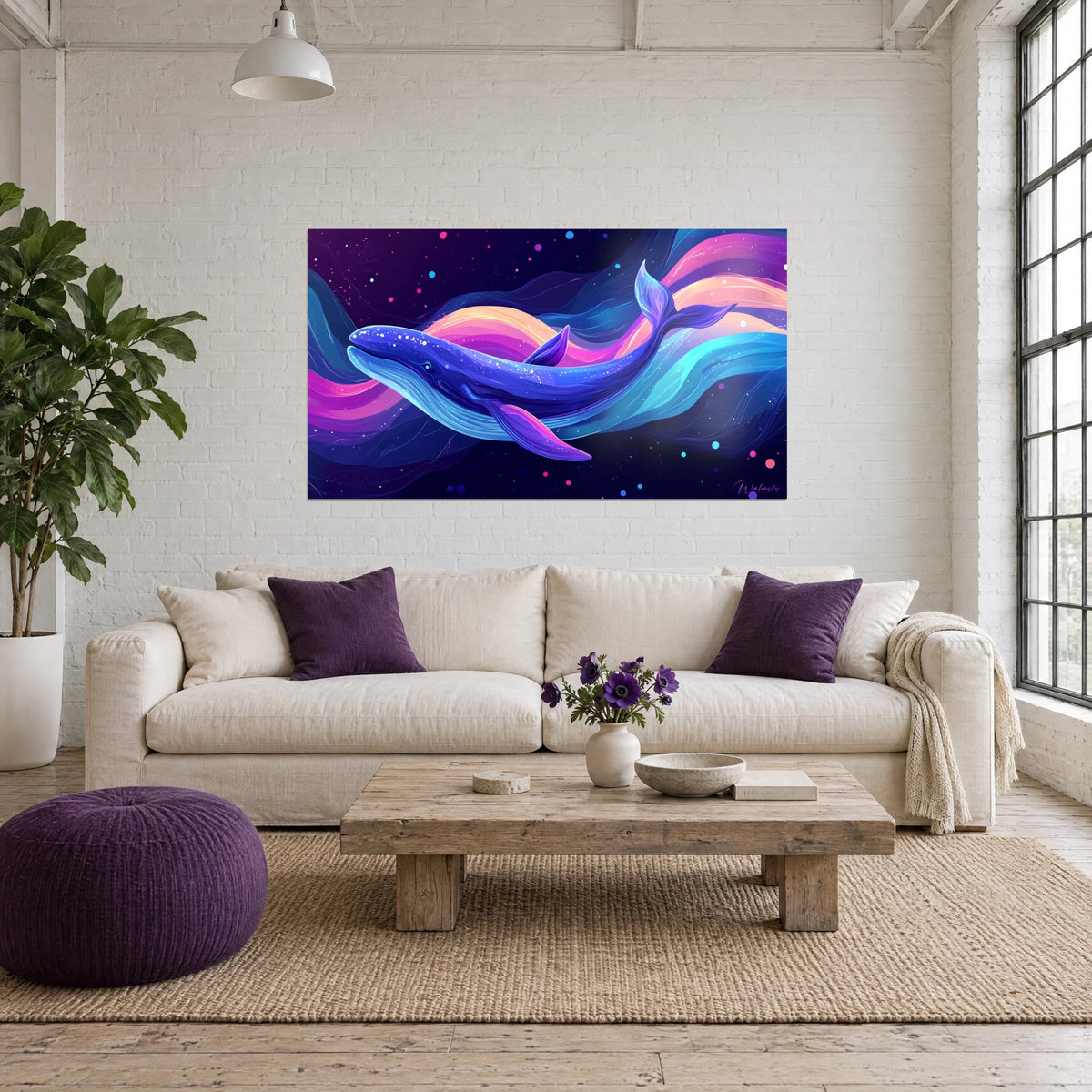 Schilderij indigo walvis bezaaid met witte sterren over roze en turquoise golven, boven een bank in een lichte woonkamer