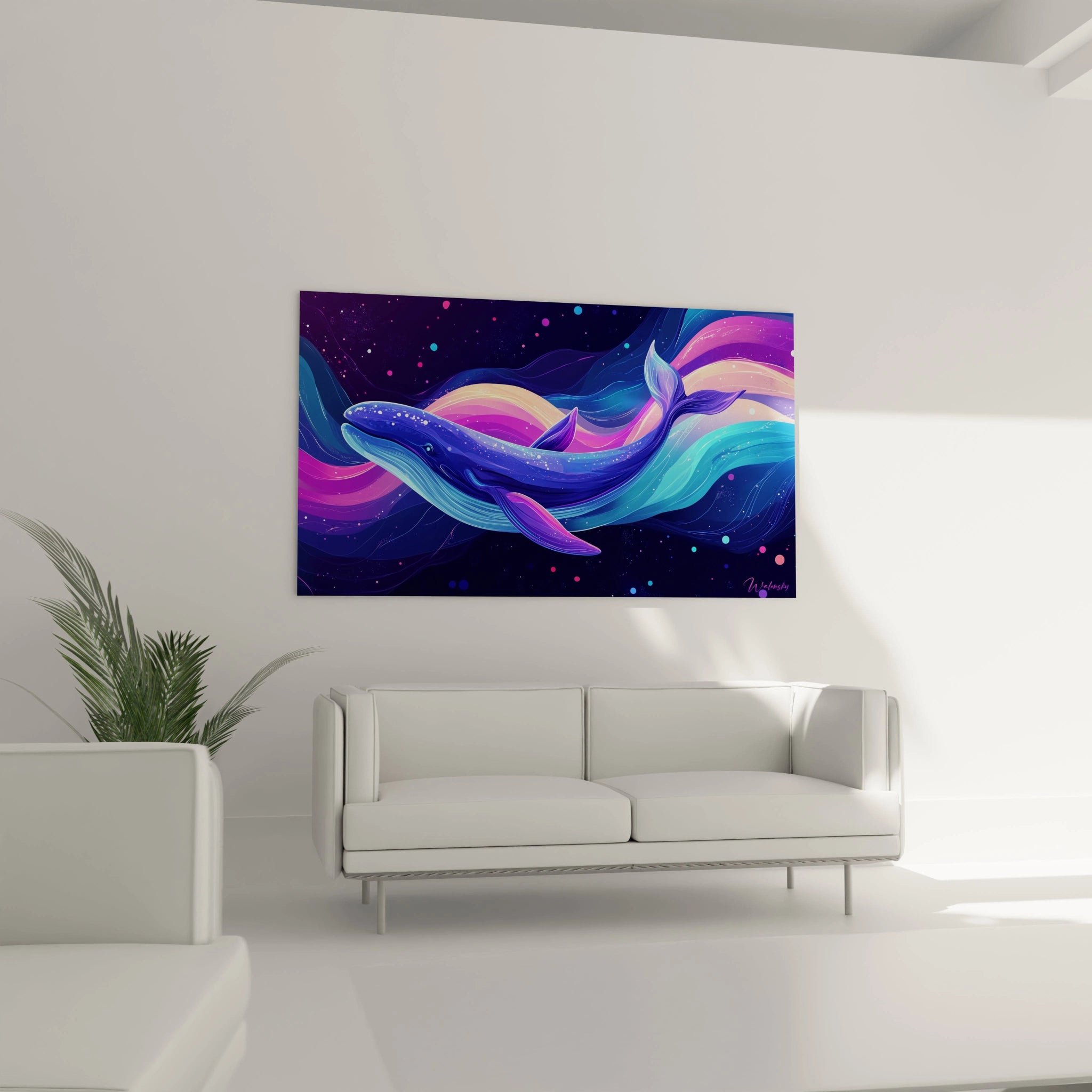 Tableau baleine coloré par Walensky avec des vagues vibrantes sur un mur moderne