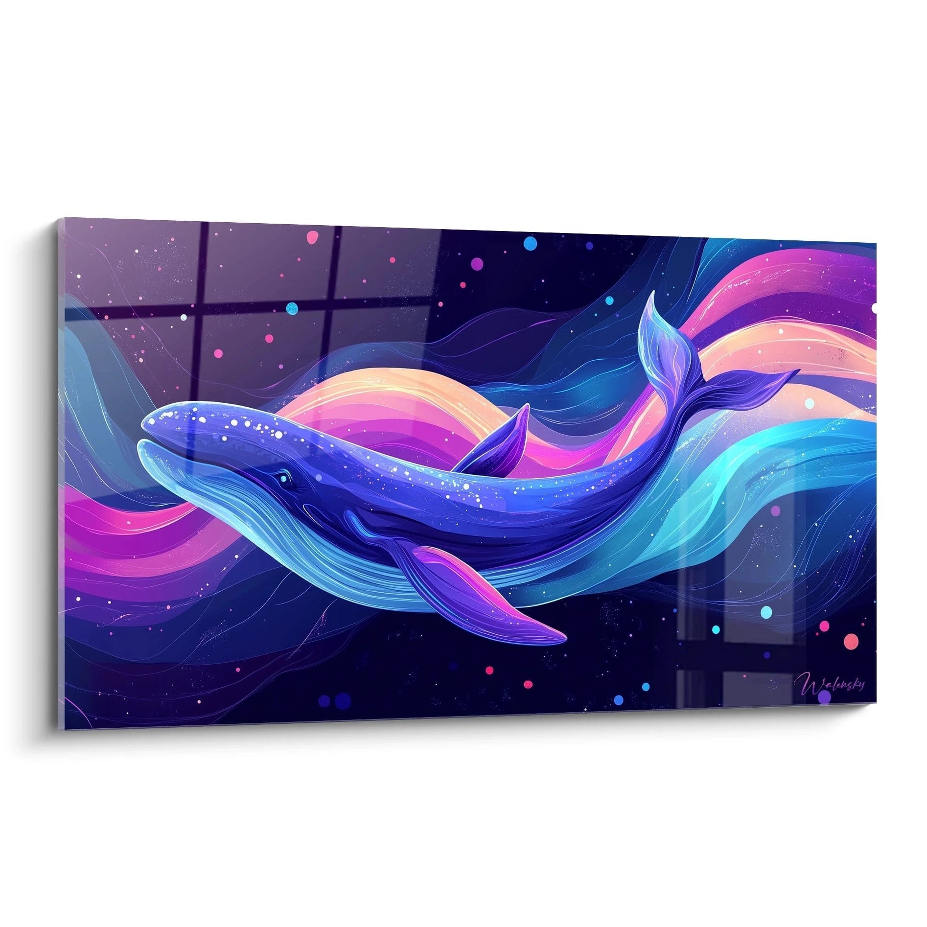 Tableau baleine coloré de Walensky avec des vagues vibrantes en arrière-plan
