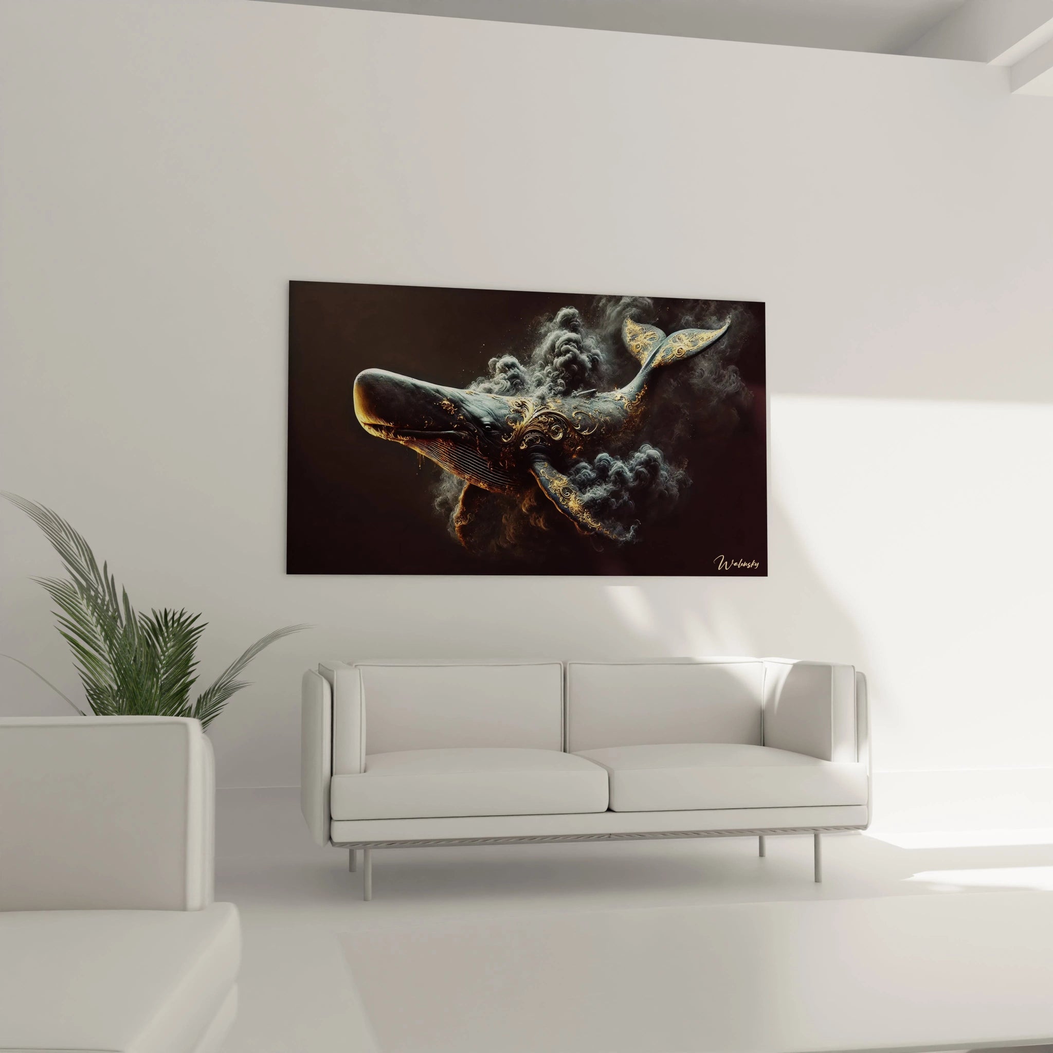 tableau cachalot au dessus d un canapé dans un salon crée une ambiance majestueuse. Les détails dorés et la texture sombre capturent la grandeur des océans pour un espace unique et élégant.