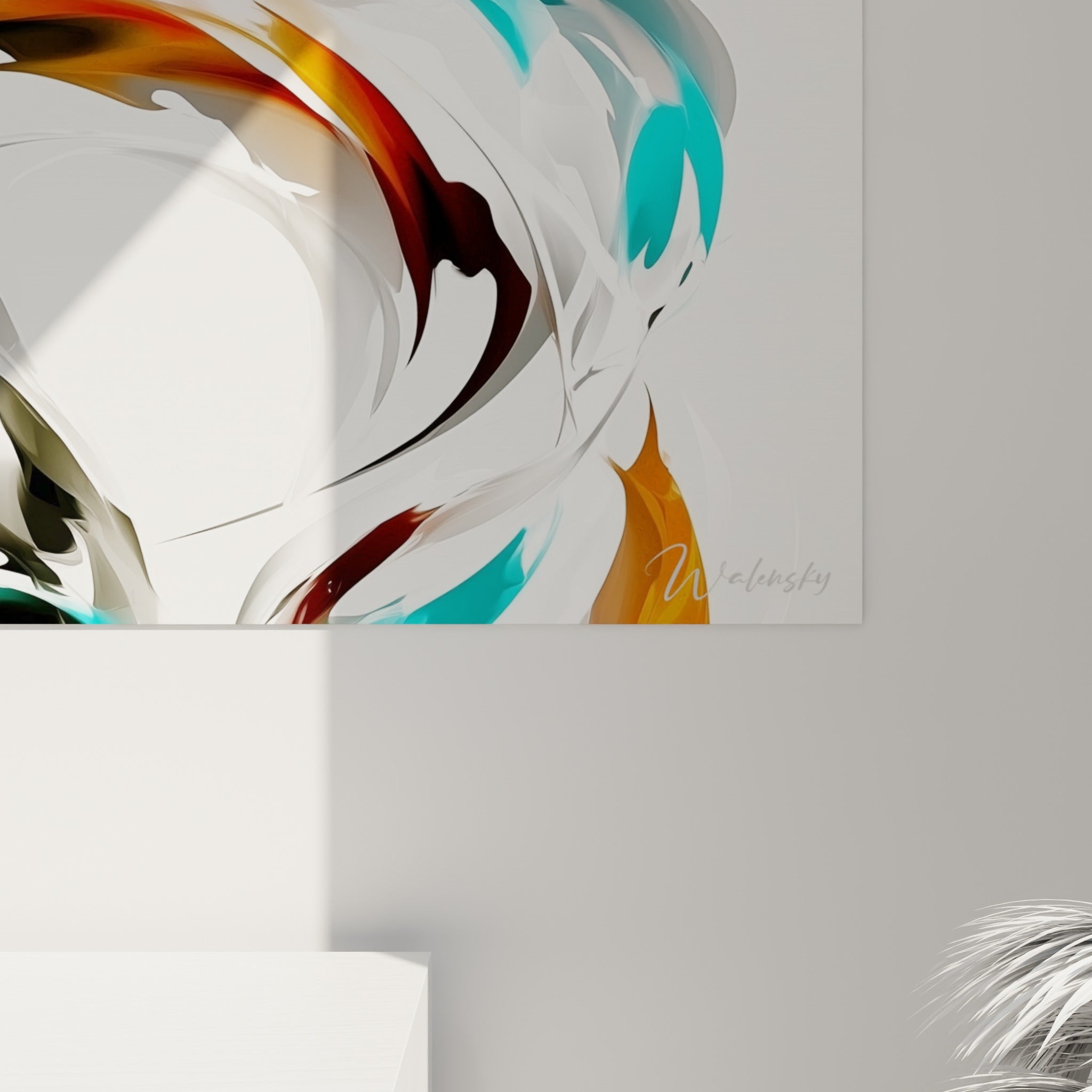 Détail du sillage turquoise et orangé de la baleine révélant les nuances lissées et le grain de l'impression