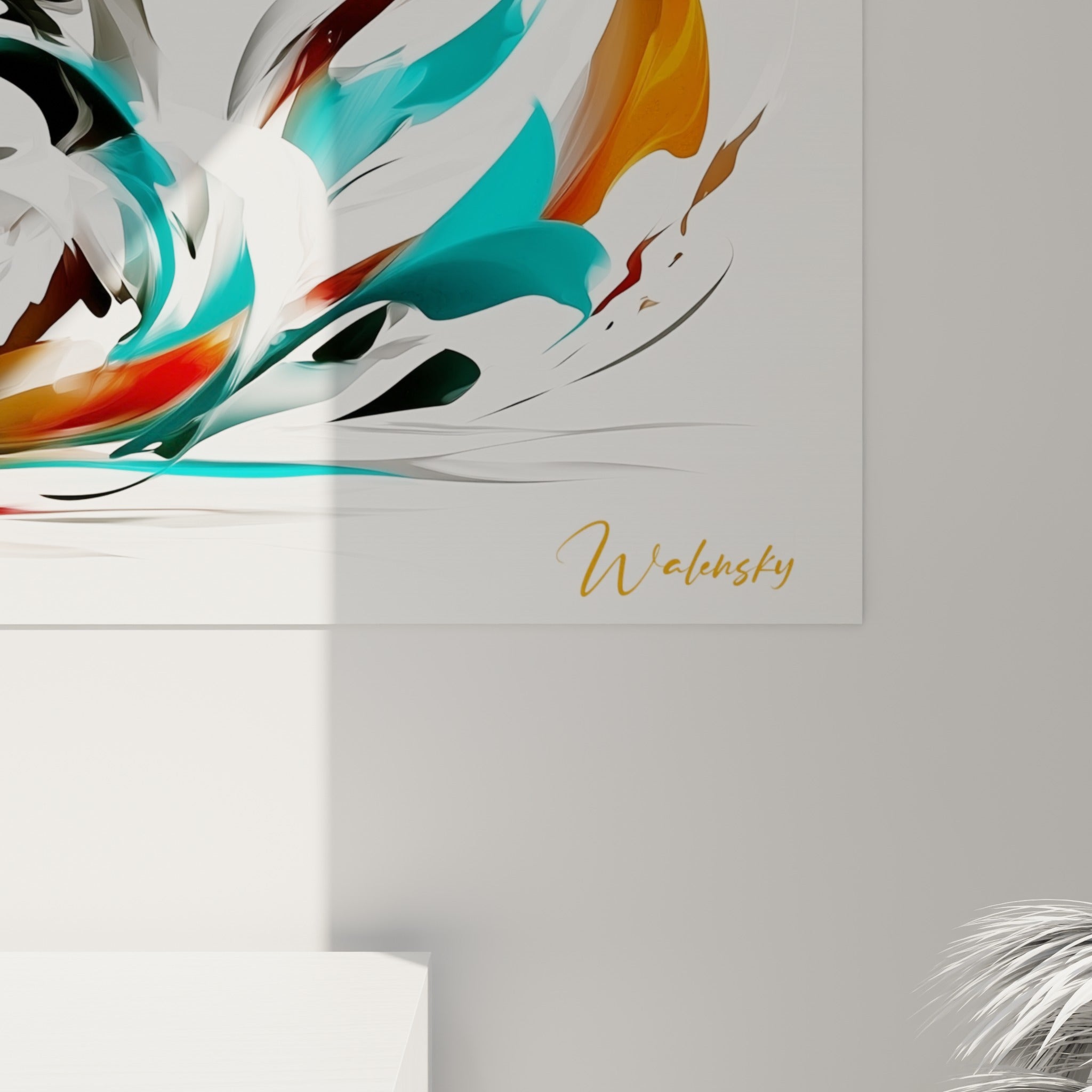 Détail des empâtements turquoise et rouille où les traits picturaux se mêlent en textures fluides