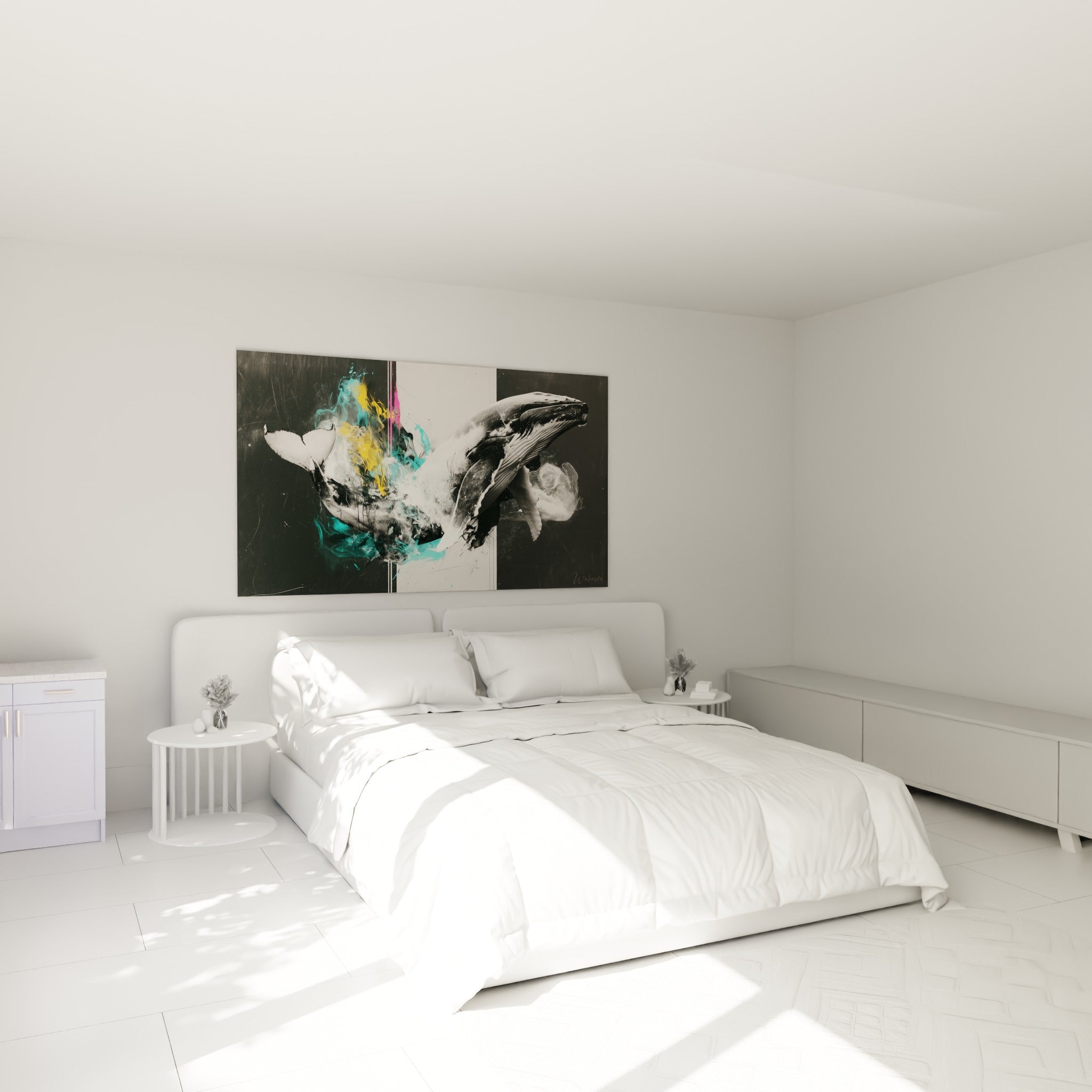 Cétacé graphique aux touches turquoise et roses, accroché au-dessus d'un lit dans une chambre claire