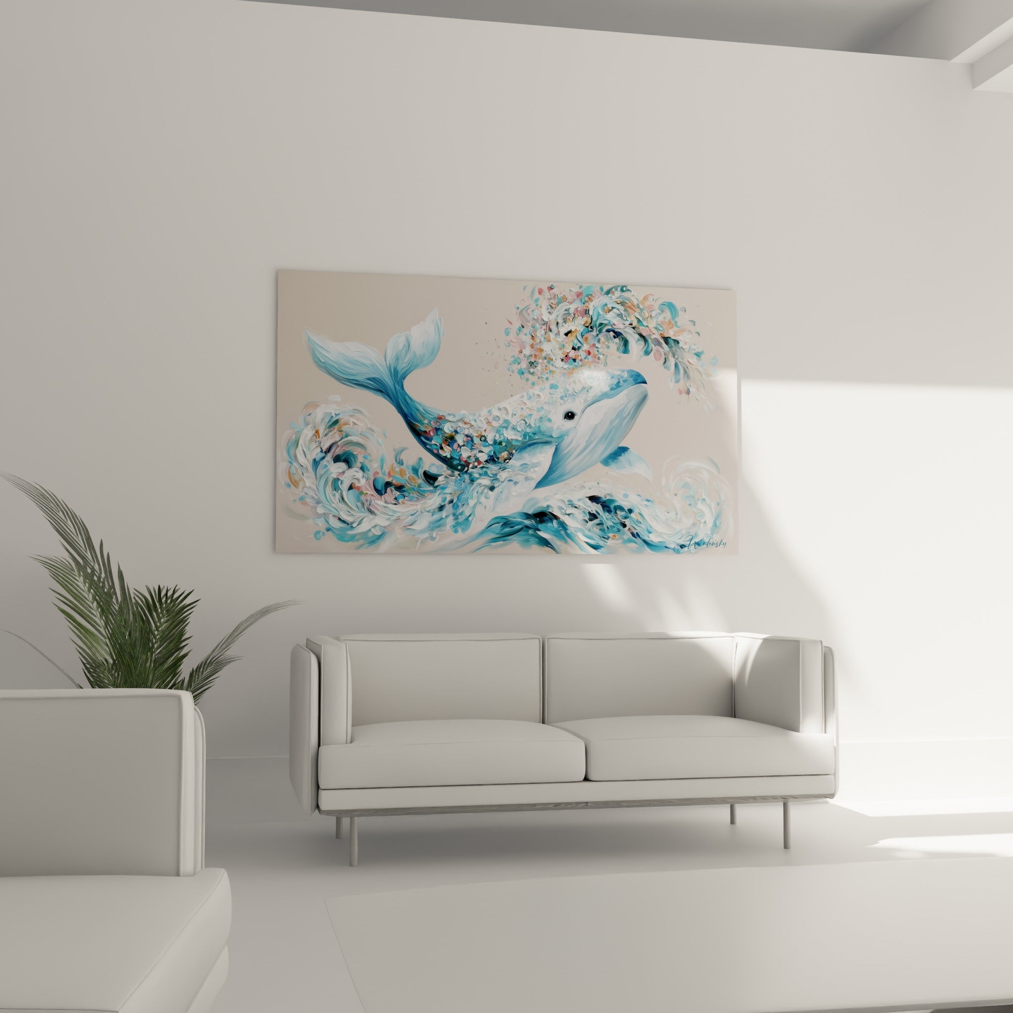 Mammifère marin bleu ciel et doré en plein saut au-dessus d'un canapé dans un salon lumineux