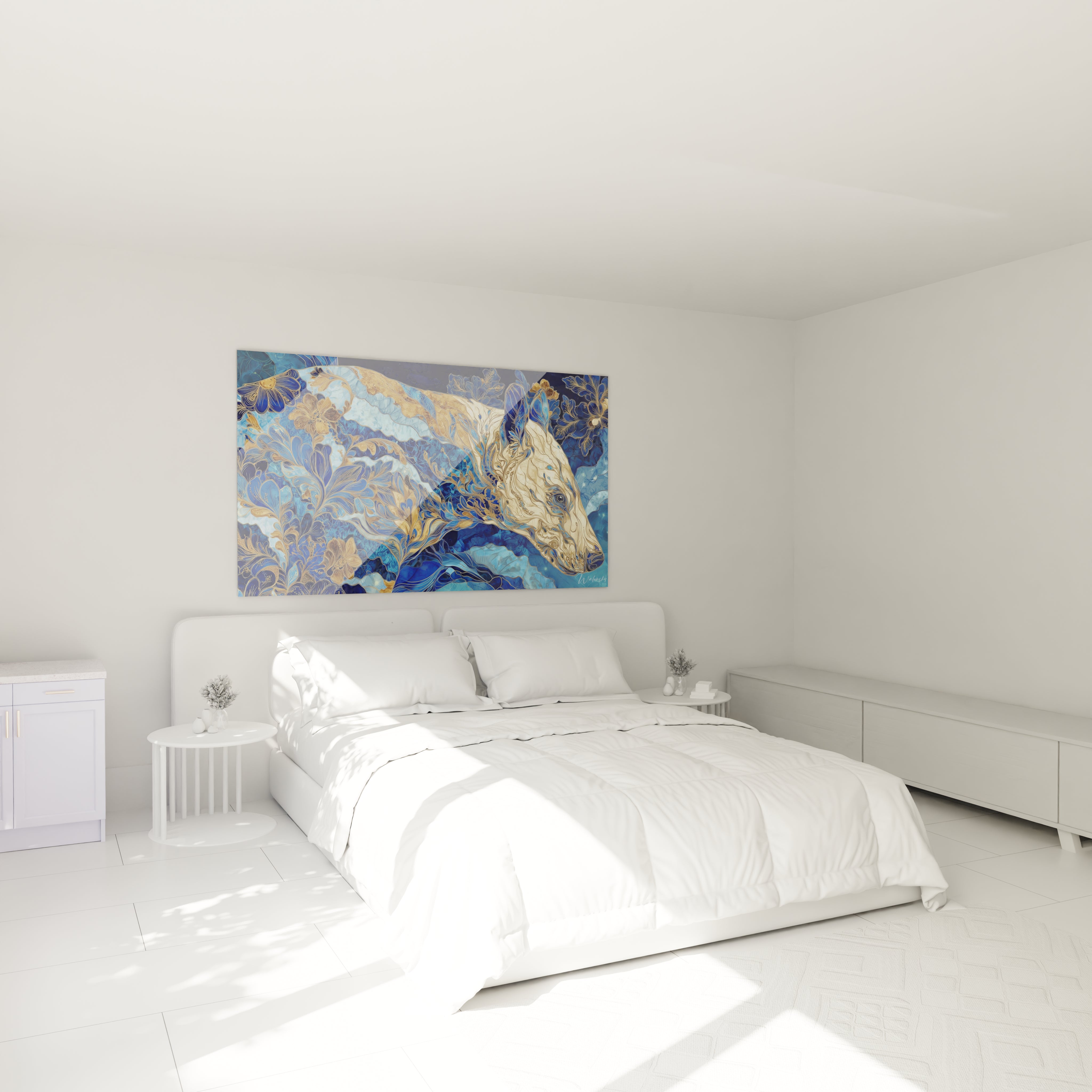 Tableau mural baleine dorée décorant une chambre moderne avec décoration marine élégante