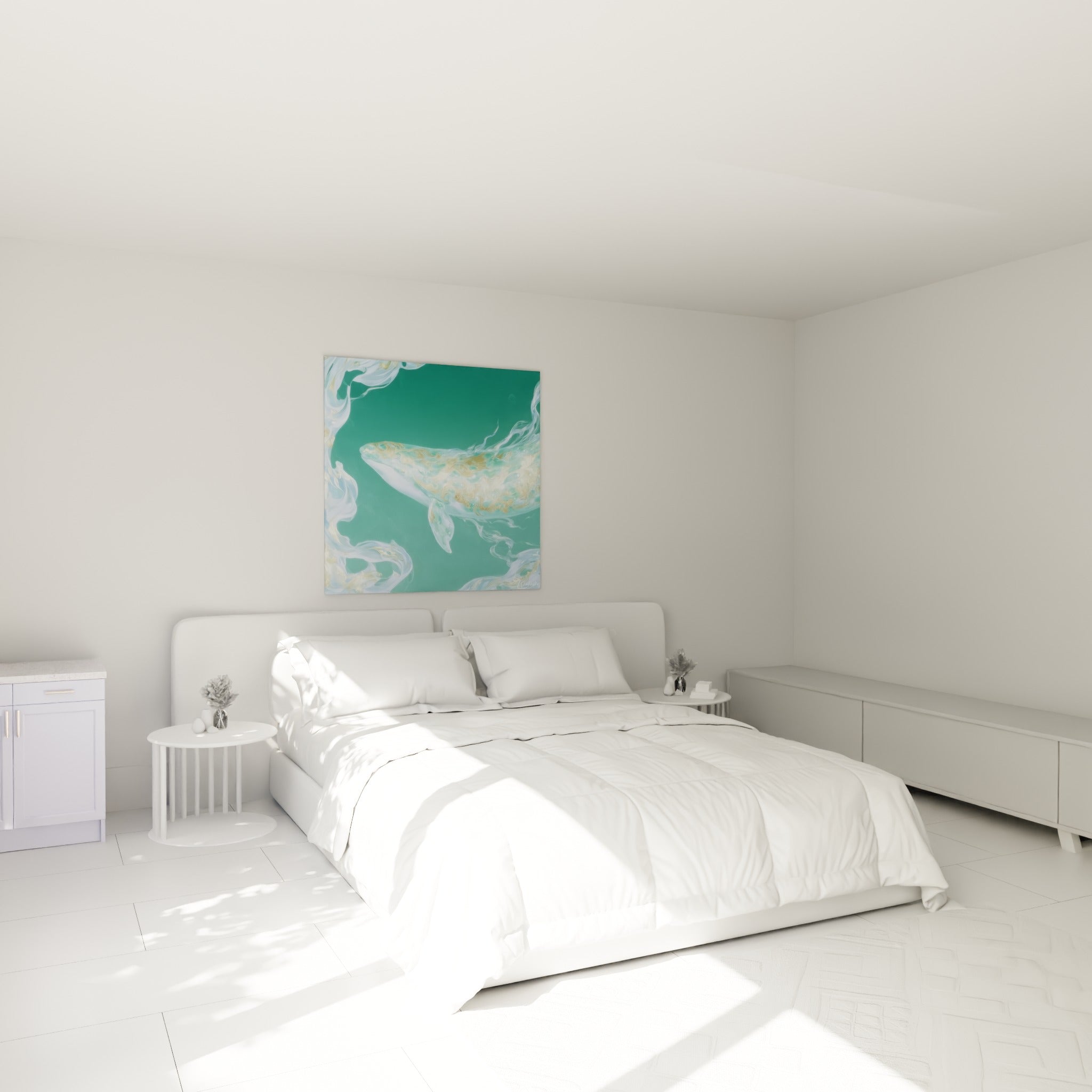 Géant marin aux reflets dorés et vert émeraude, accroché au-dessus d'un lit dans une chambre claire