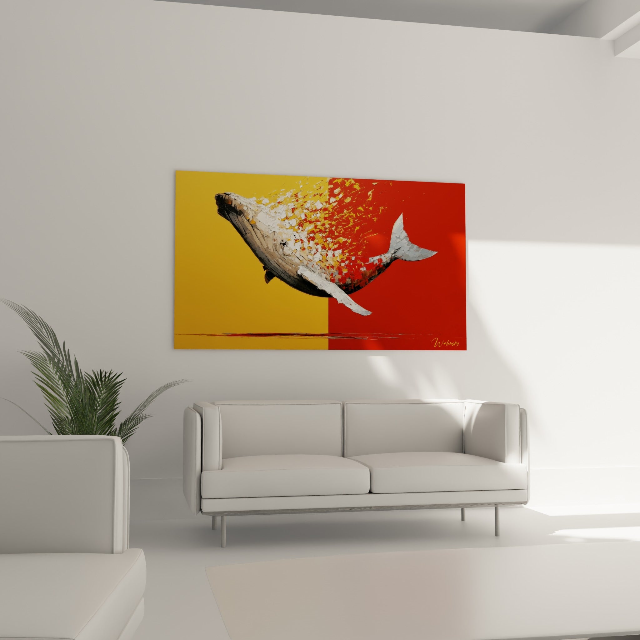 Cétacé gris et doré se désintégrant en éclats colorés au-dessus d'un canapé dans un salon lumineux