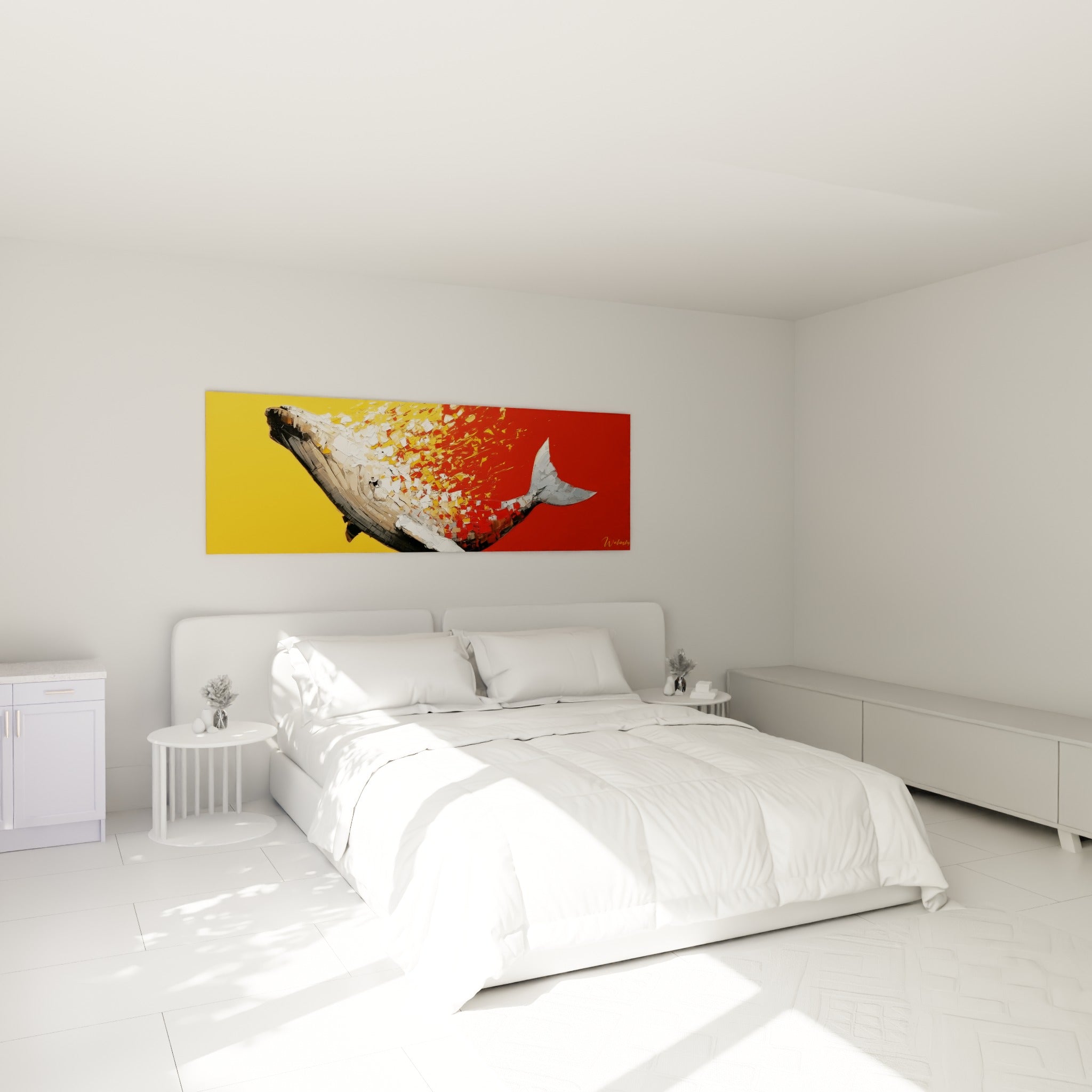 Baleine grise et dorée en plein saut au-dessus d'un lit dans une chambre claire
