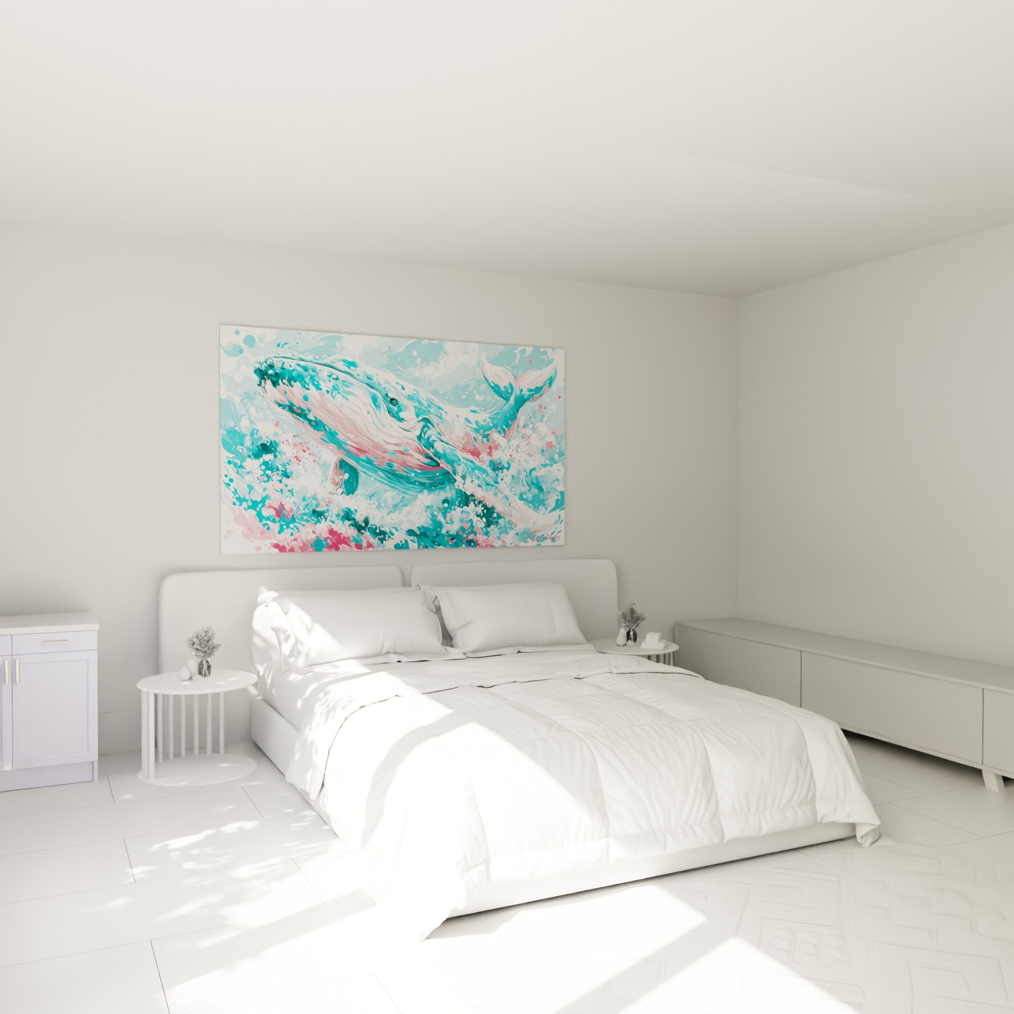 Baleine bleu turquoise aux reflets roses en plein saut, accrochée au-dessus d'un lit dans une chambre claire
