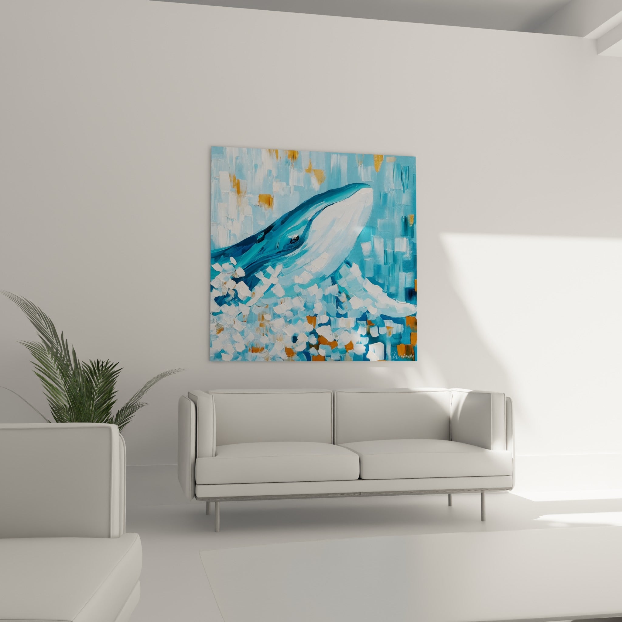 Géant marin bleu pastel et doré fendant l'eau, disposé au-dessus d'un canapé dans un salon lumineux