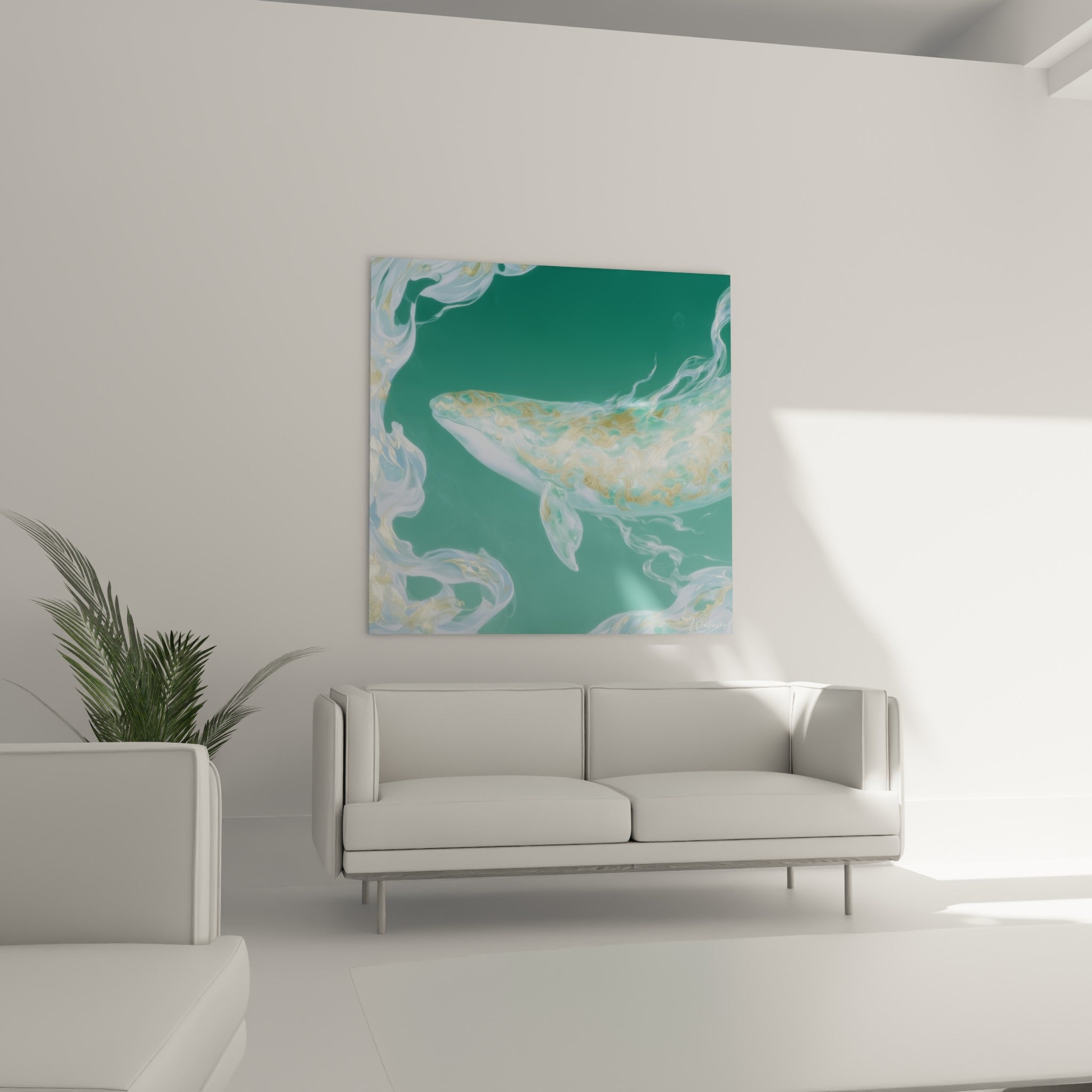 Silhouette marine turquoise et or en mouvement fluide, placée au-dessus d'un canapé dans un salon lumineux