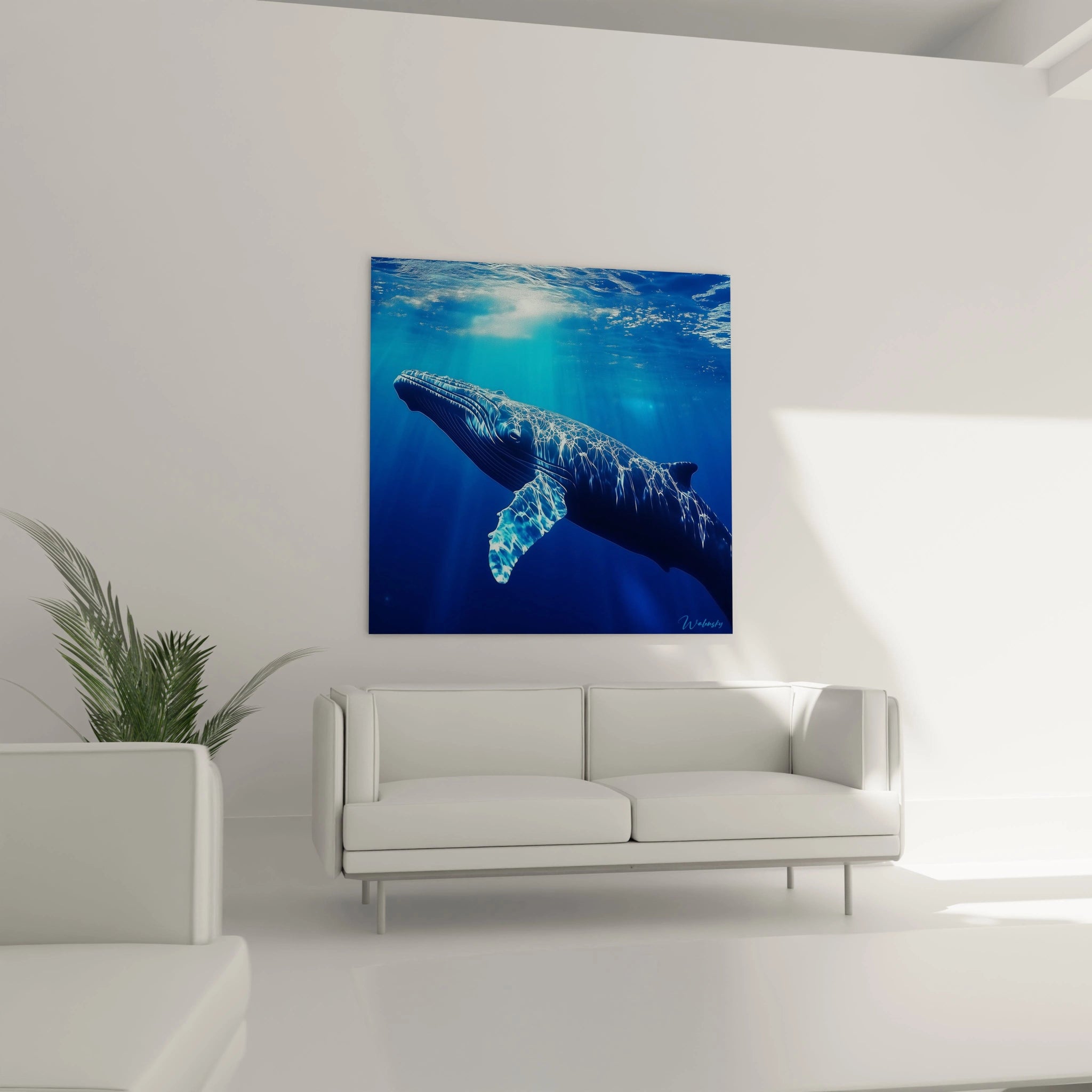 Tableau baleine de Walensky, illustration impressionnante d'une baleine nageant sous l'eau cristalline