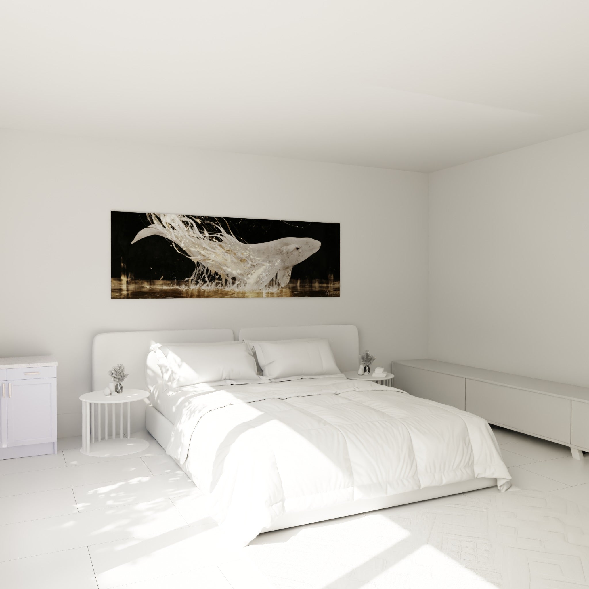 Silhouette de baleine blanche et dorée en mouvement, accrochée au-dessus d'un lit dans une chambre claire