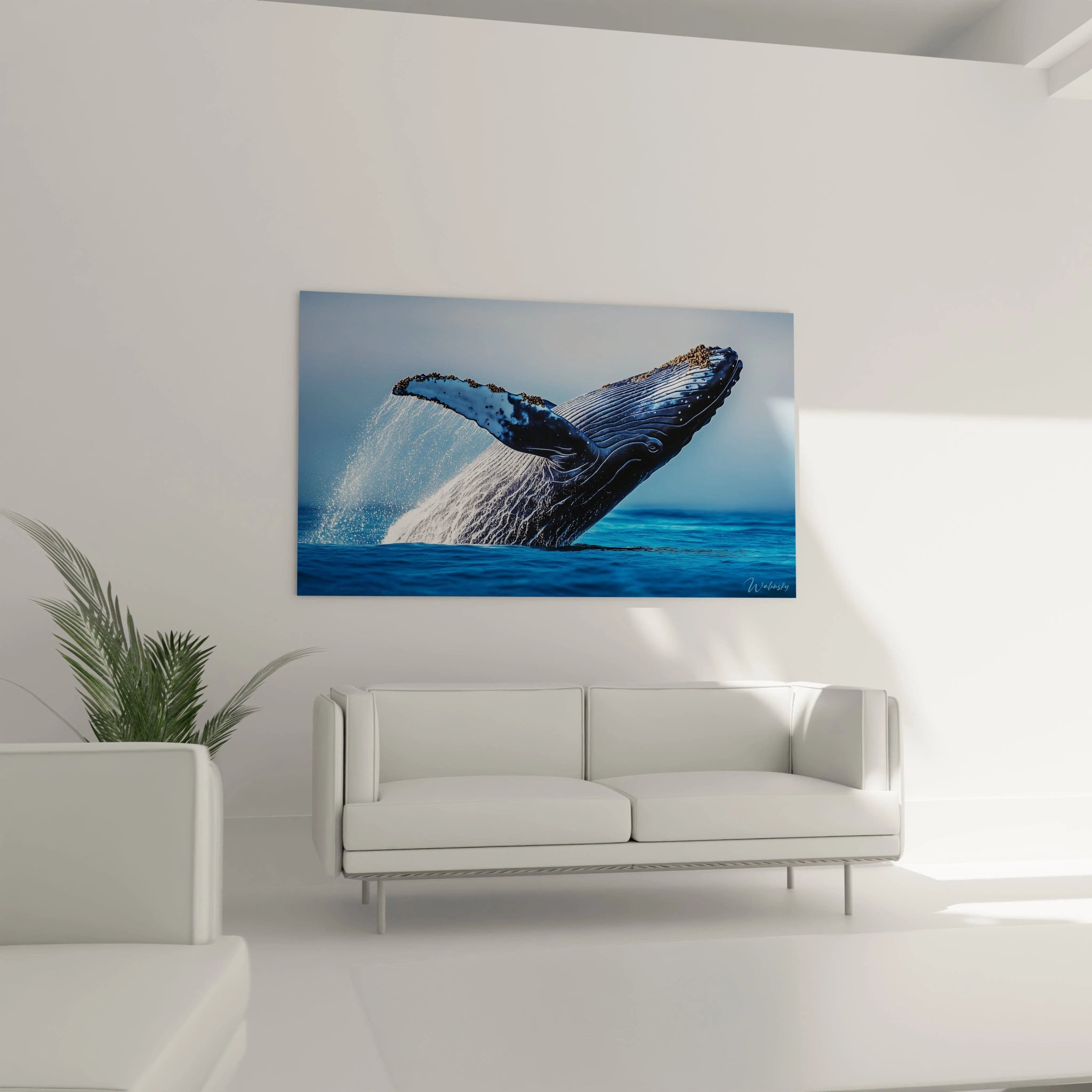 Tableau baleine de Walensky, représentant une baleine sautant dans l'océan avec un fond bleu