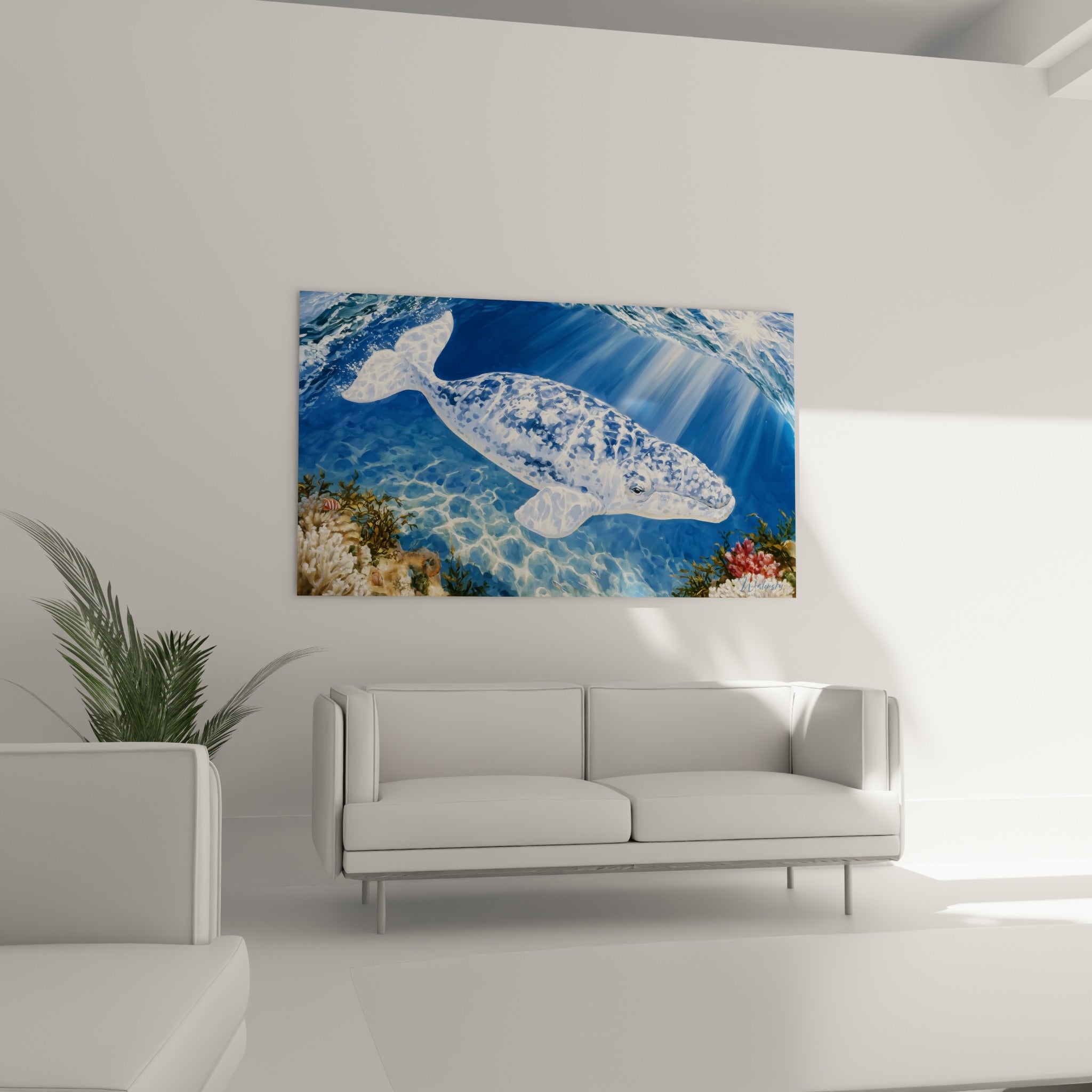 Géant marin blanc et bleu marine entouré de coraux roses, au-dessus d'un canapé dans un salon lumineux